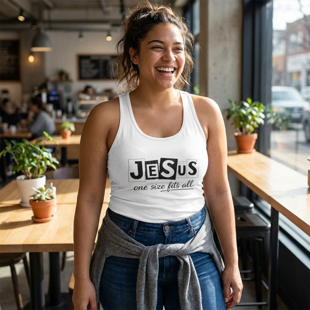 ✨️JESUS " one size fits all " B&W ✝️ Christian Tank Top 💙✨️ Women's Racerback Tank ✨️💙 Motivational Workout Tee, Gym Apparel, Fitness Shirt, Gift for Her, Activewear✨️ product thumbnail image ✨️JESUS " one size fits all " B&W ✝️ Christian Tank Top 💙✨️ Women's Racerback Tank ✨️💙 Motivational Workout Tee, Gym Apparel, Fitness Shirt, Gift for Her, Activewear✨️ product thumbnail image