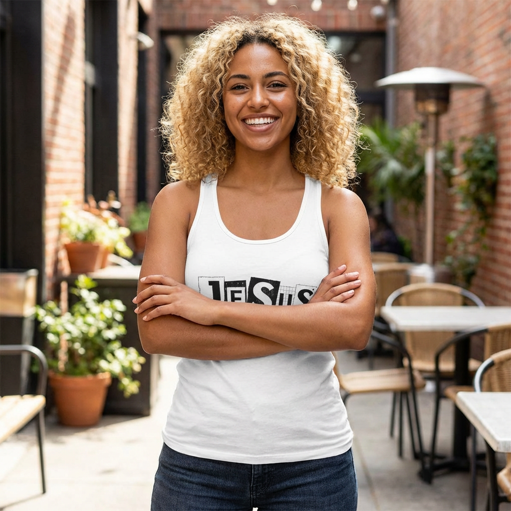 ✨️JESUS " one size fits all " B&amp;W ✝️ Christian Tank Top 💙✨️ Women's Racerback Tank ✨️💙 Motivational Workout Tee, Gym Apparel, Fitness Shirt, Gift for Her, Activewear✨️ product thumbnail image