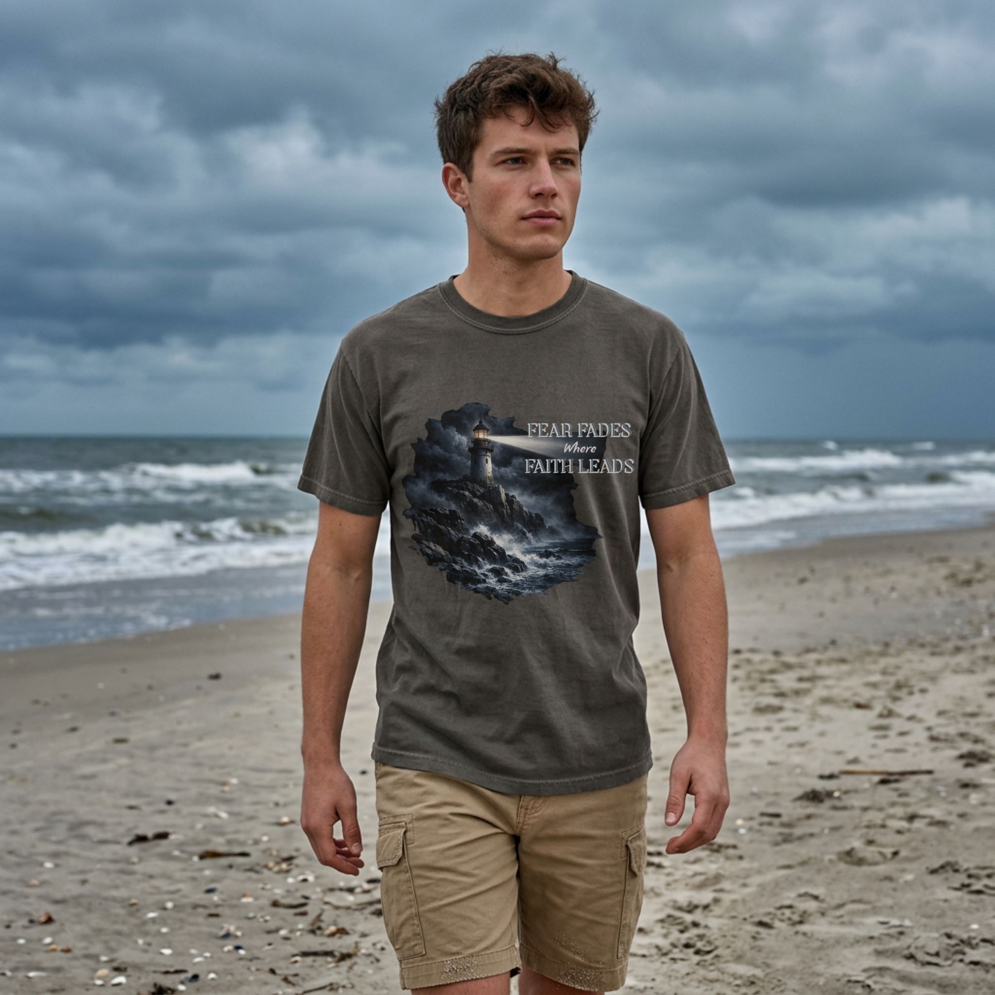 Fear Fades Where Faith Leads | Lighthouse + Storm Shirt – Christian Graphic Tee (Comfort Colors 1717) product thumbnail image