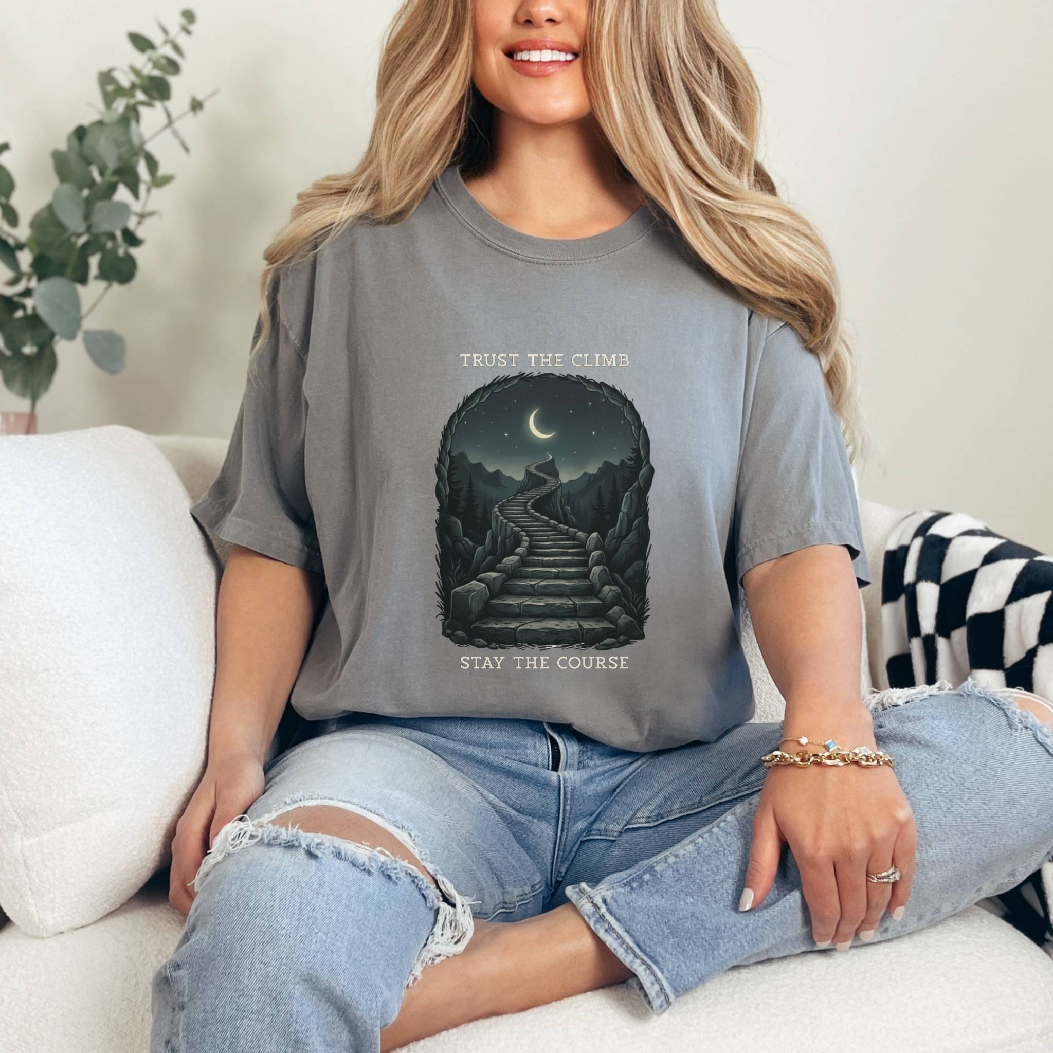 Trust The Climb Stay The Course Graphic Tee — Inspirational Moonlit Mountain Tee
