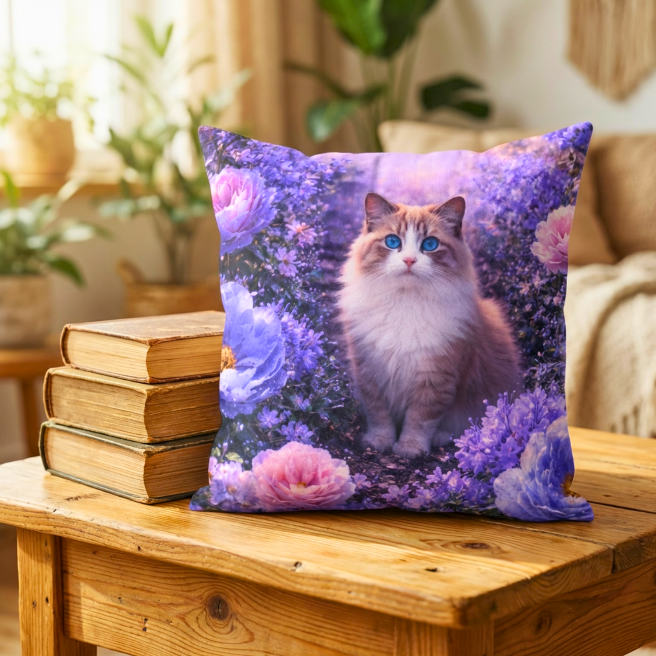 Floral Ragdoll Cat Pillow | Square Poly Canvas Pillow