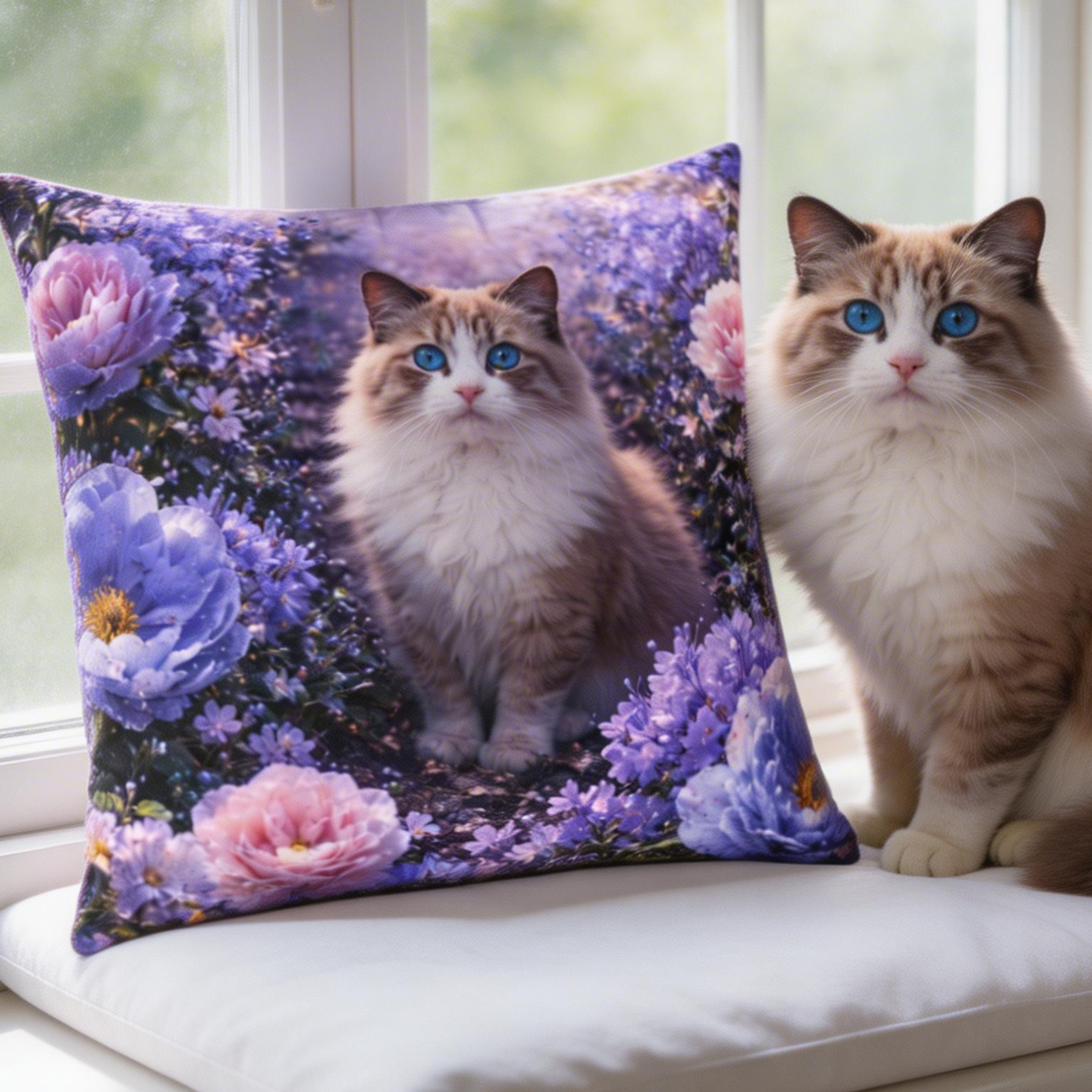 Floral Ragdoll Cat Pillow | Square Poly Canvas Pillow product thumbnail image