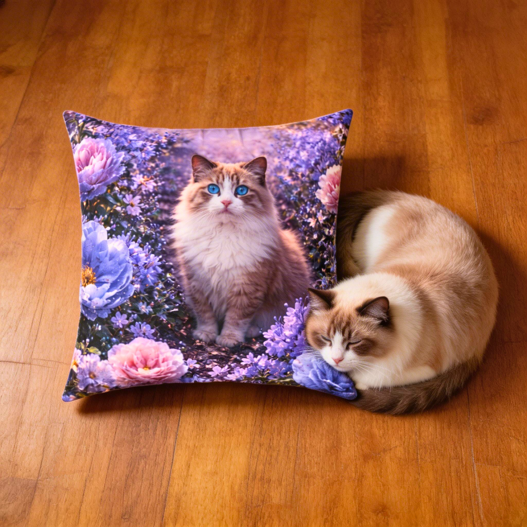 Floral Ragdoll Cat Pillow | Square Poly Canvas Pillow product thumbnail image