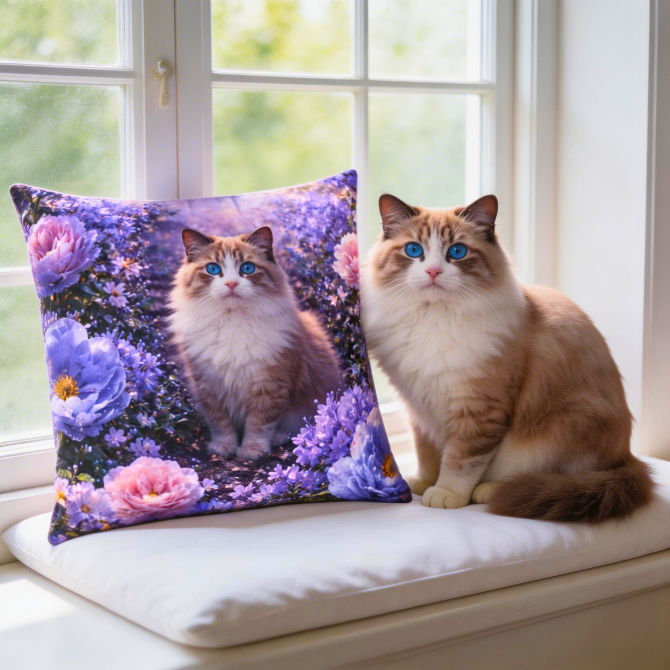 Floral Ragdoll Cat Pillow | Square Poly Canvas Pillow product thumbnail image