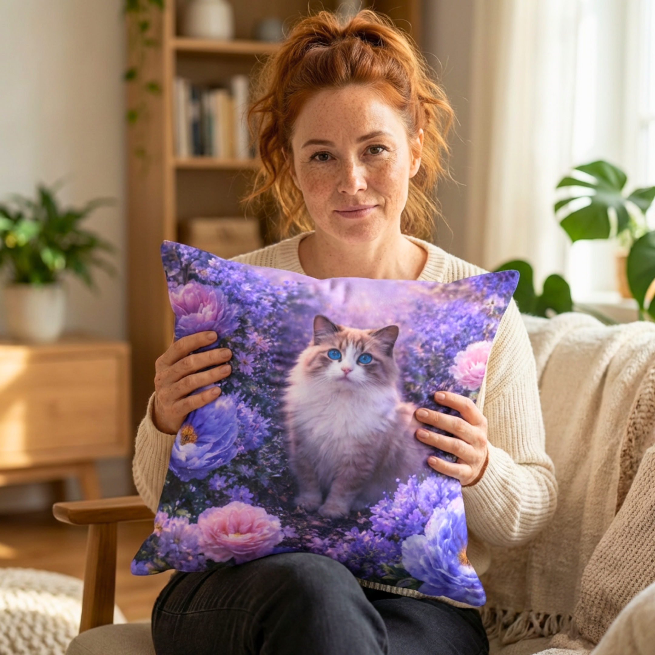 Floral Ragdoll Cat Pillow | Square Poly Canvas Pillow product thumbnail image