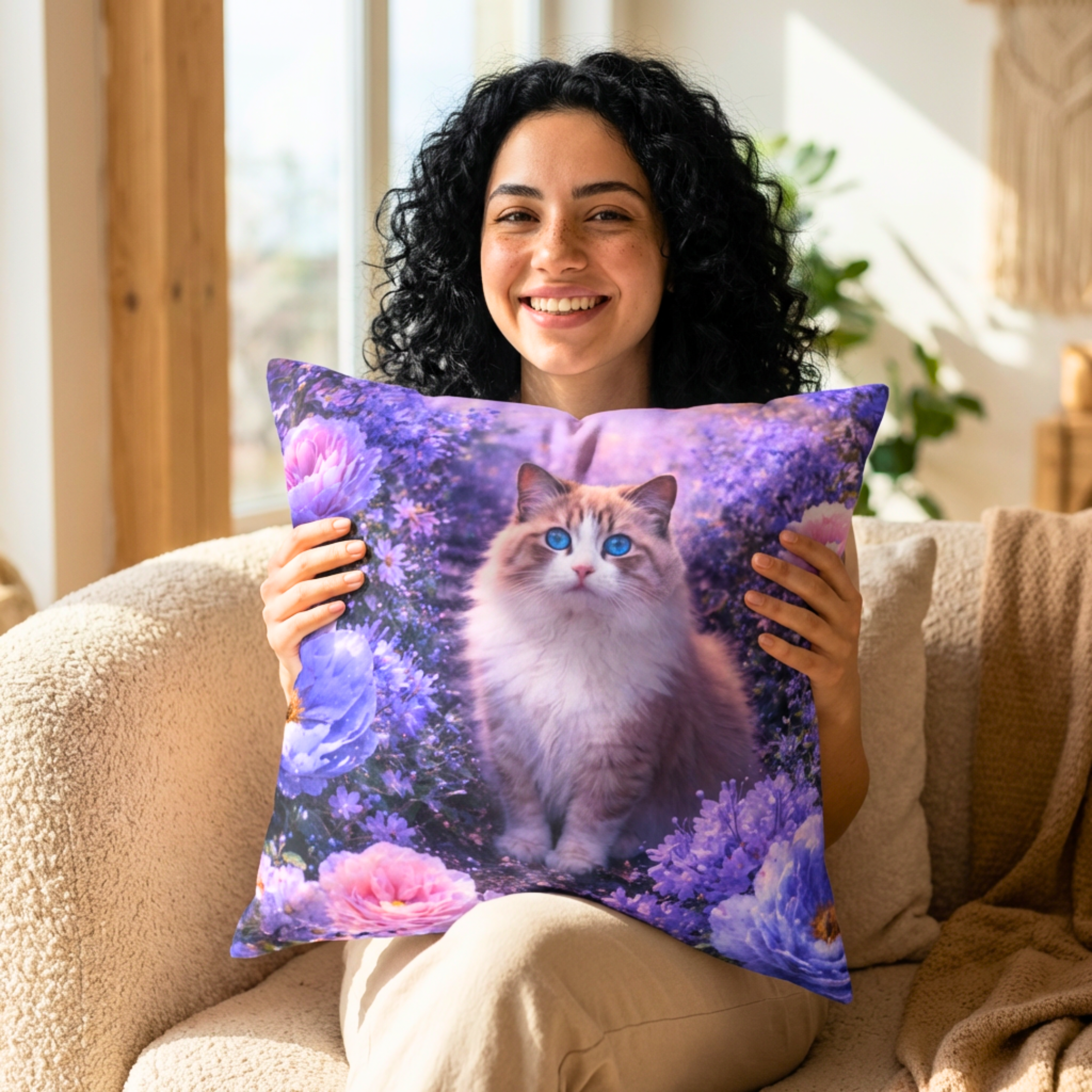 Floral Ragdoll Cat Pillow | Square Poly Canvas Pillow product thumbnail image