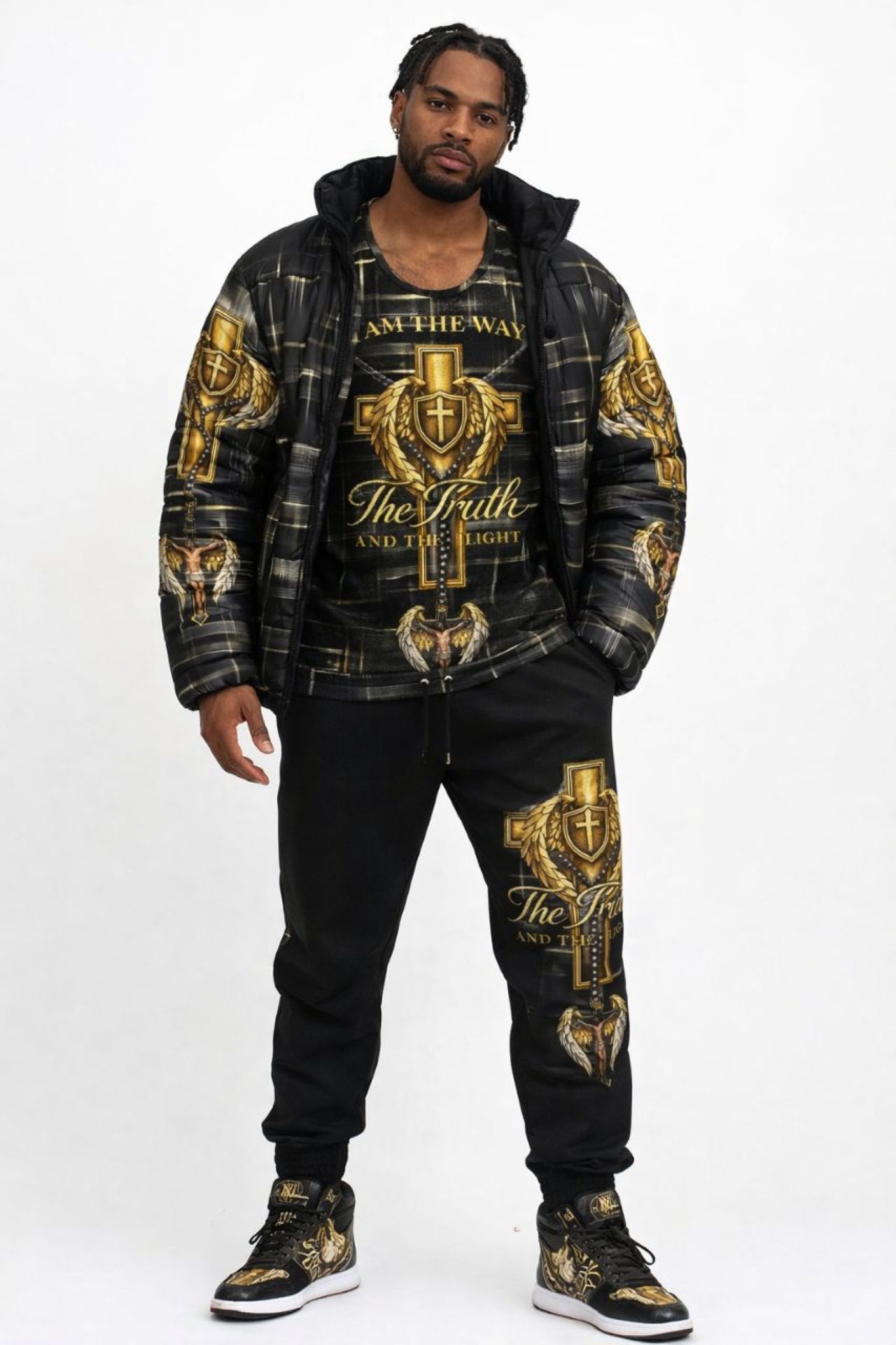 Christian Cross &amp; Jesus Puffer Jacket — "I Am the Way" Faith Statement Coat