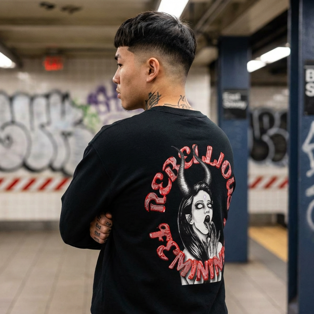 Rebellious Femininity Demon Whispers Sweatshirt | Gothic Illustration product thumbnail image Rebellious Femininity Demon Whispers Sweatshirt | Gothic Illustration product thumbnail image