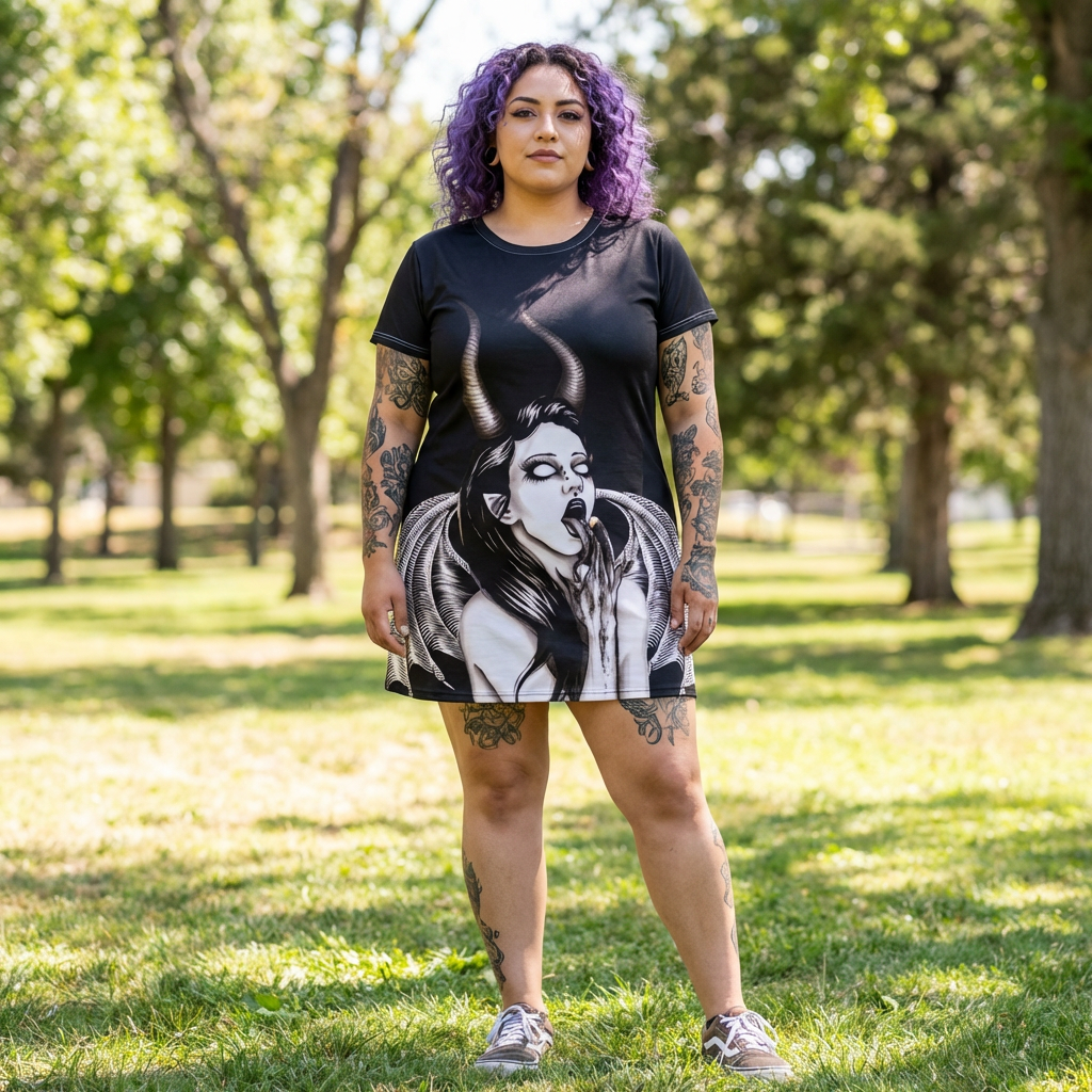 Rebellious Femininity Screaming Demoness T-Shirt Dress | Gothic Horned Succubus AOP product thumbnail image Rebellious Femininity Screaming Demoness T-Shirt Dress | Gothic Horned Succubus AOP product thumbnail image