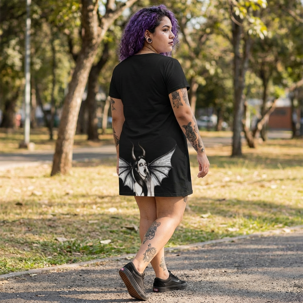 Rebellious Femininity Screaming Demoness T-Shirt Dress | Gothic Horned Succubus AOP product thumbnail image Rebellious Femininity Screaming Demoness T-Shirt Dress | Gothic Horned Succubus AOP product thumbnail image