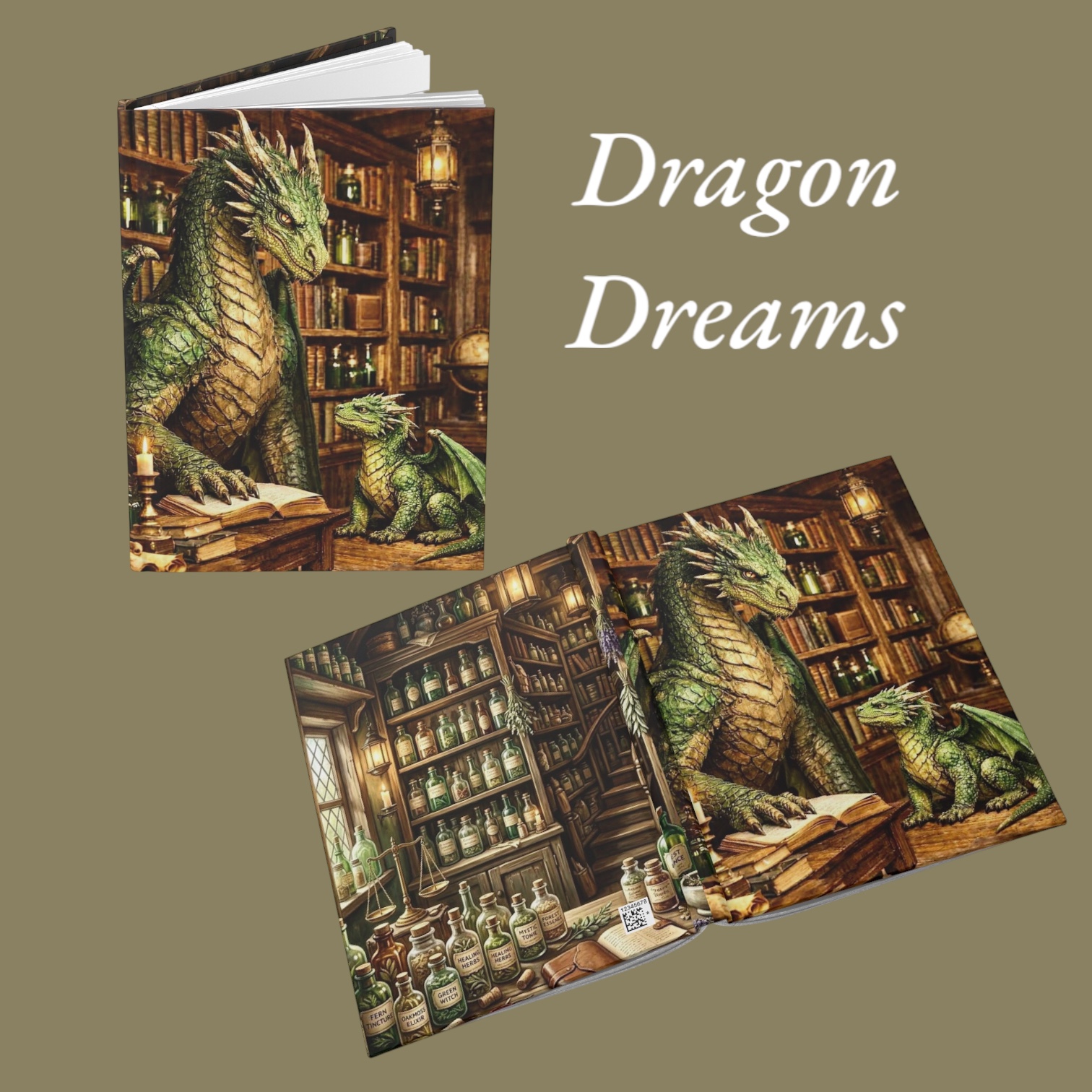 Dragon Library Hardcover Journal — Green Dragon and Hatchling in Alchemist’s Study product thumbnail image