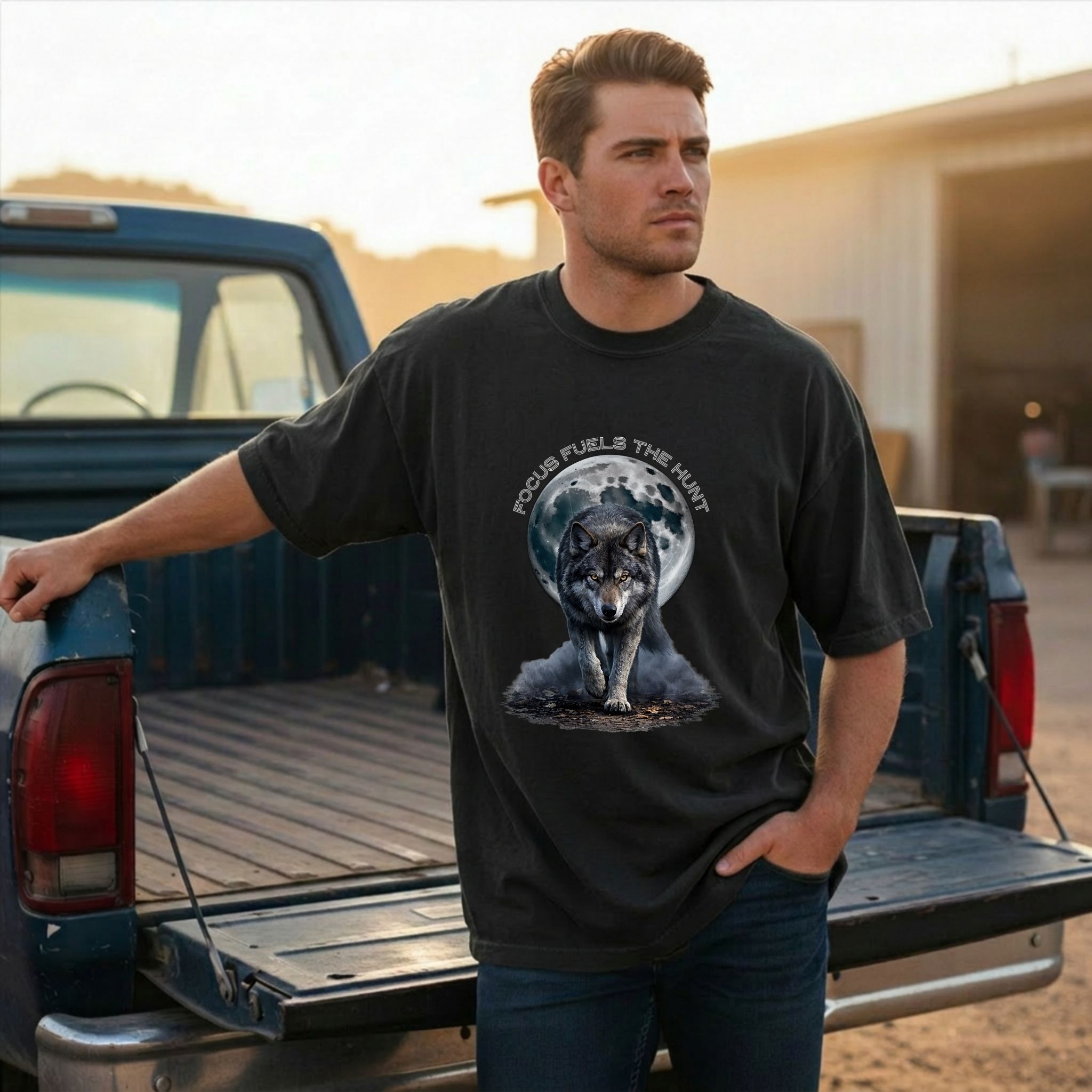 Focus Fuels The Hunt | Full Moon + Wolf Shirt - Motivational Graphic Tee (Comfort Colors 1717) product thumbnail image Focus Fuels The Hunt | Full Moon + Wolf Shirt - Motivational Graphic Tee (Comfort Colors 1717) product thumbnail image