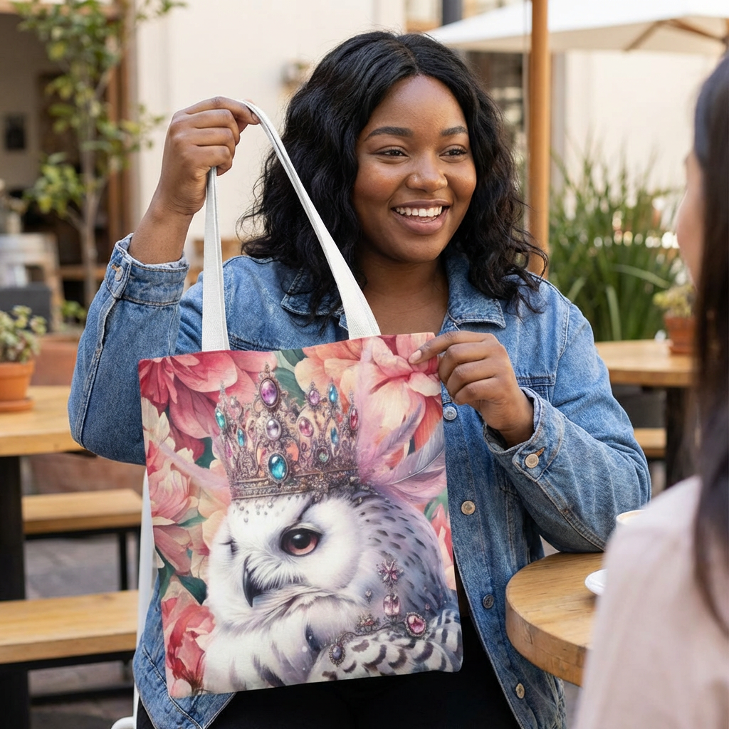Pink Floral Owl Tote Bag — Crowned Snowy Owl All-Over Print product thumbnail image