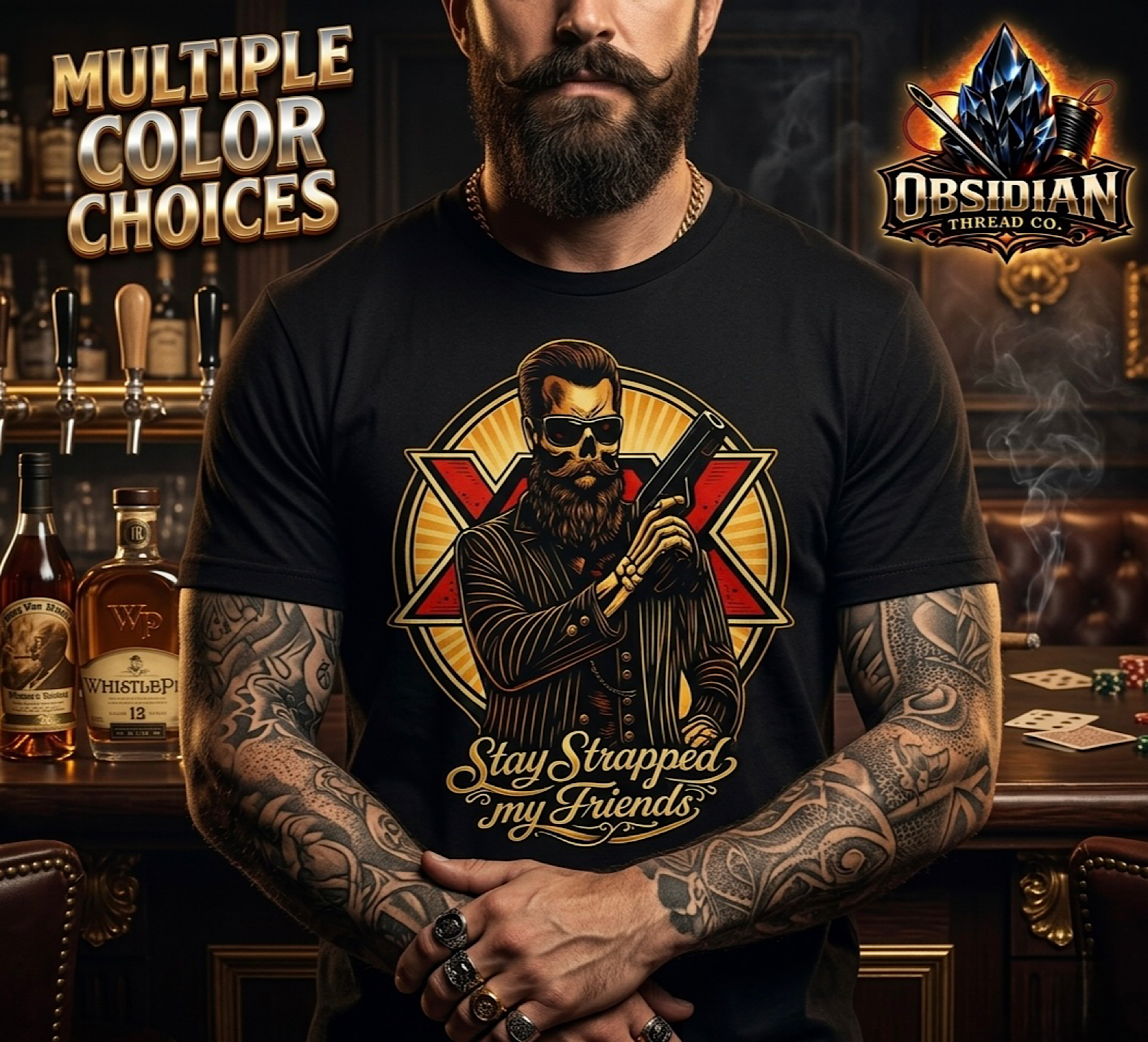 Stay Strapped My Friends Shirt Funny Tactical Skull Gun Beer Graphic Tee USA