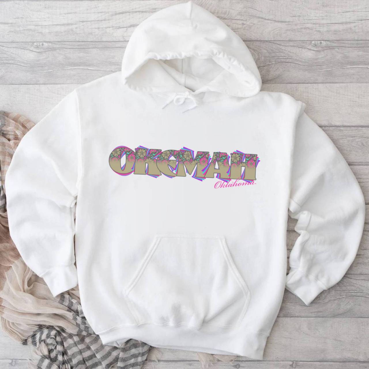 Okemah, Oklahoma - Oversized Retro Bubble Text Hoodie - Colorful 3D Graphic Pullover product thumbnail image Okemah, Oklahoma - Oversized Retro Bubble Text Hoodie - Colorful 3D Graphic Pullover product thumbnail image