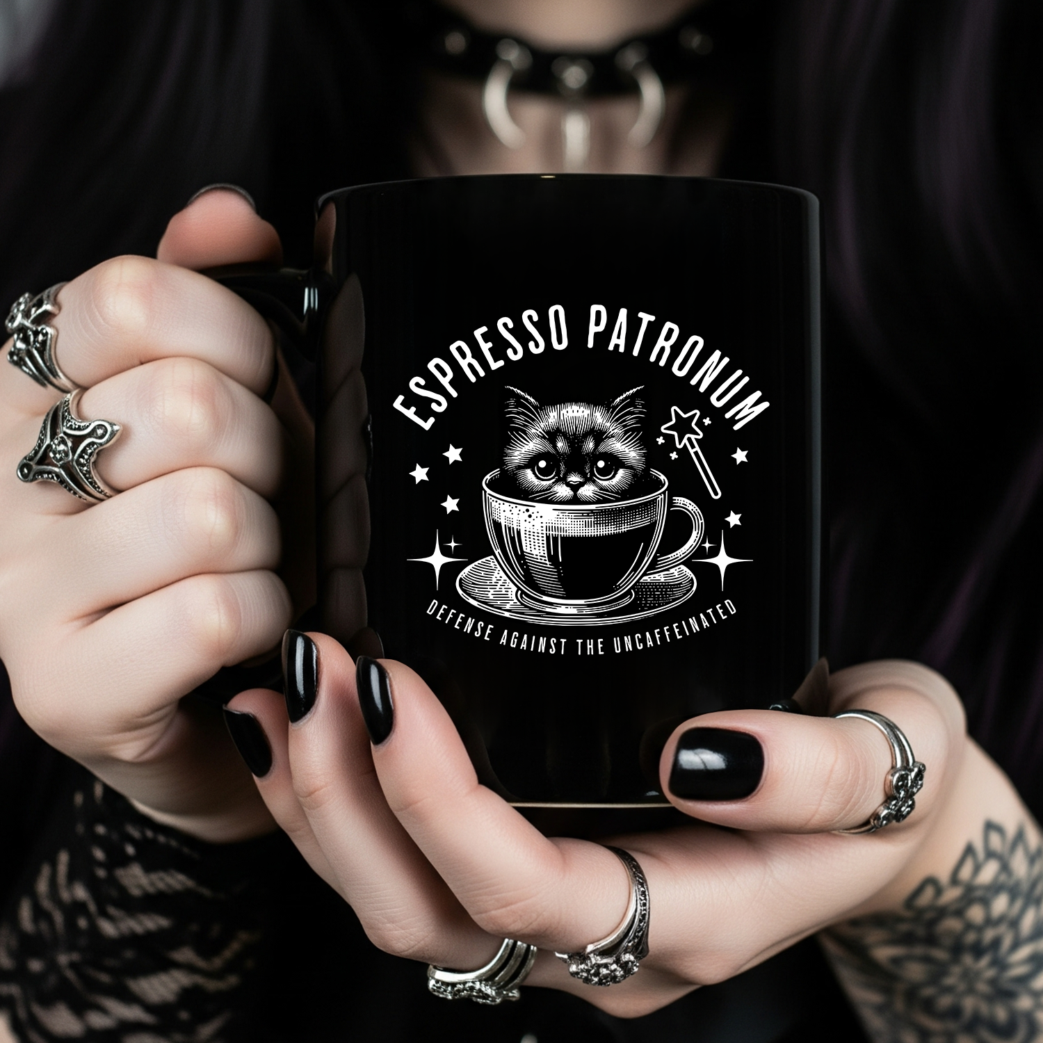 Espresso Patronum Cat Mug — Funny Coffee Lovers Black Ceramic Cup (11oz/15oz) product thumbnail image Espresso Patronum Cat Mug — Funny Coffee Lovers Black Ceramic Cup (11oz/15oz) product thumbnail image