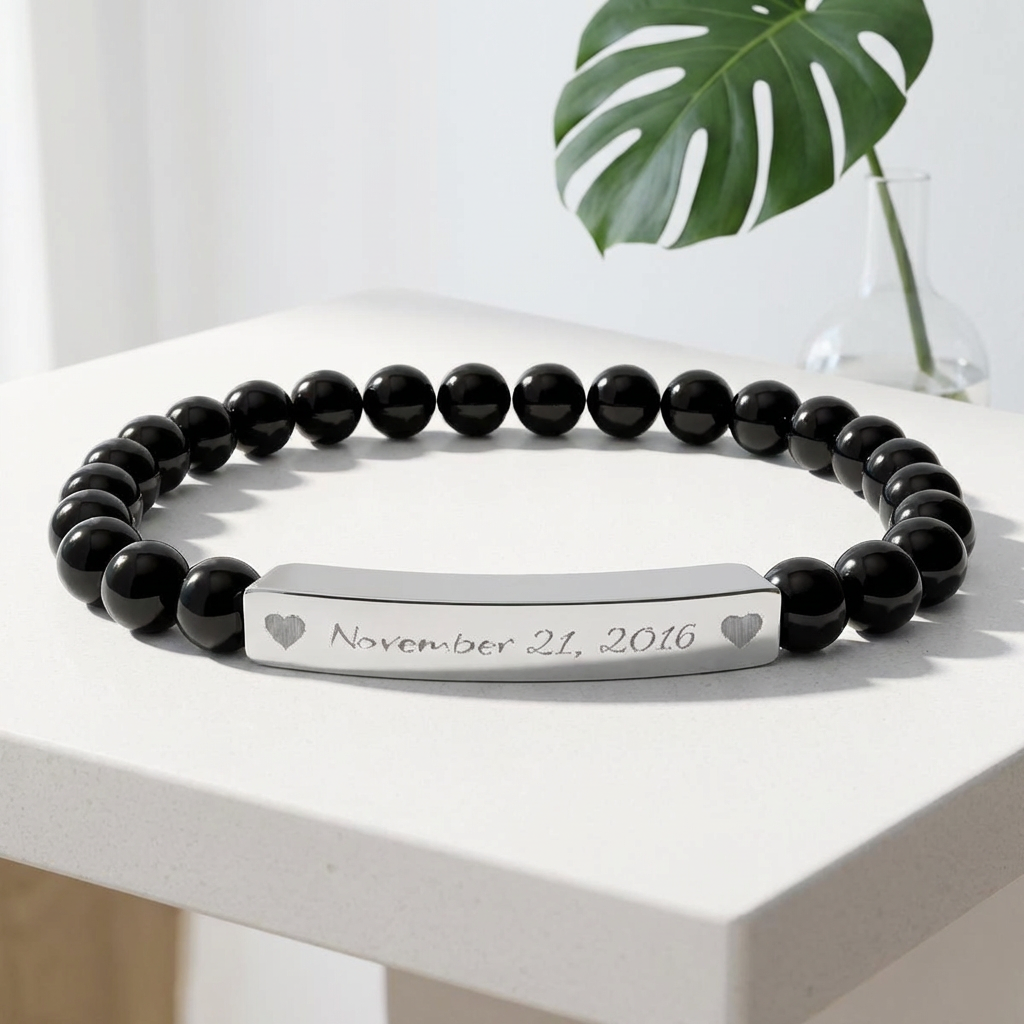 Engraved Natural Stone Bar Bracelet — Personalized Text with Heart Accent product thumbnail image