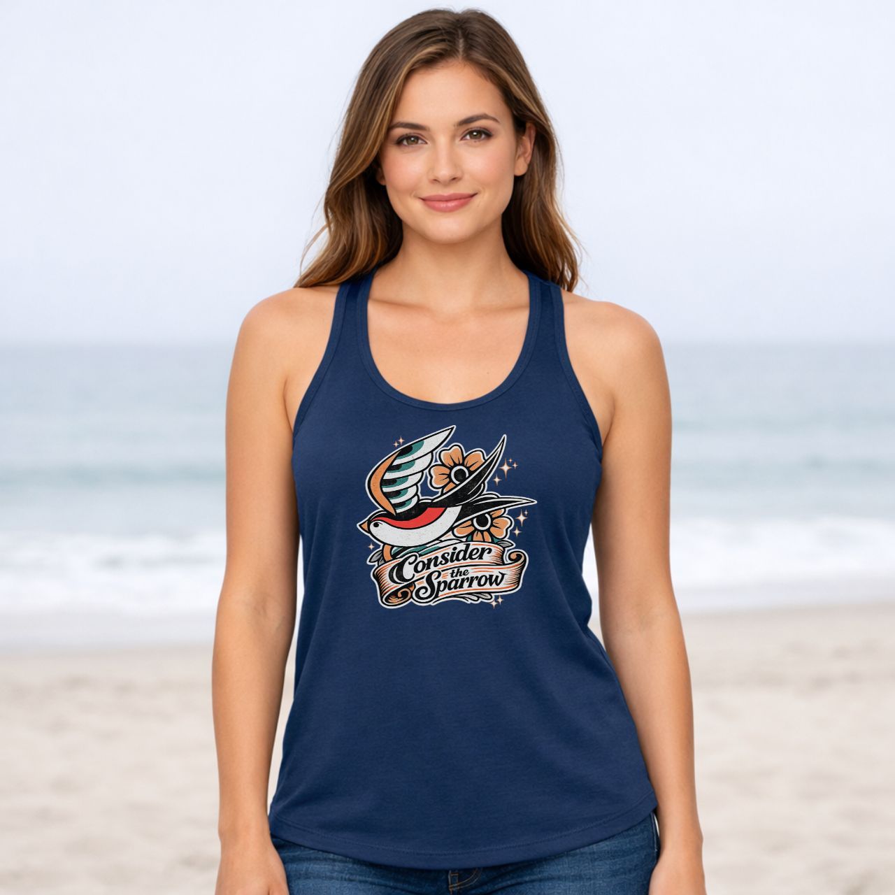 'Consider The Sparrow' Women's Racerback Tank product thumbnail image 'Consider The Sparrow' Women's Racerback Tank product thumbnail image
