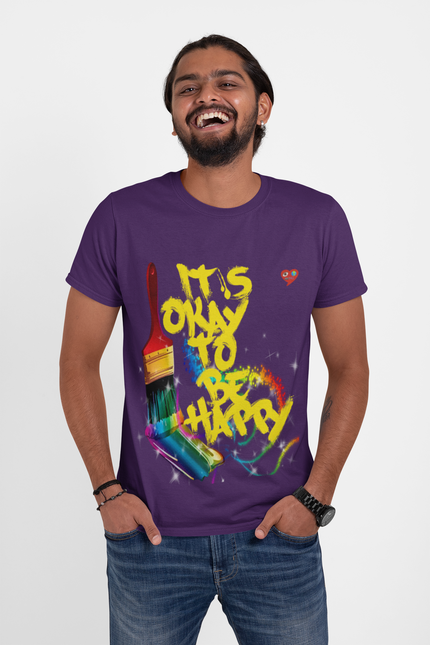 T‑Shirt — "It's Okay to Be Happy" Rainbow Paintbrush Art Tee product thumbnail image