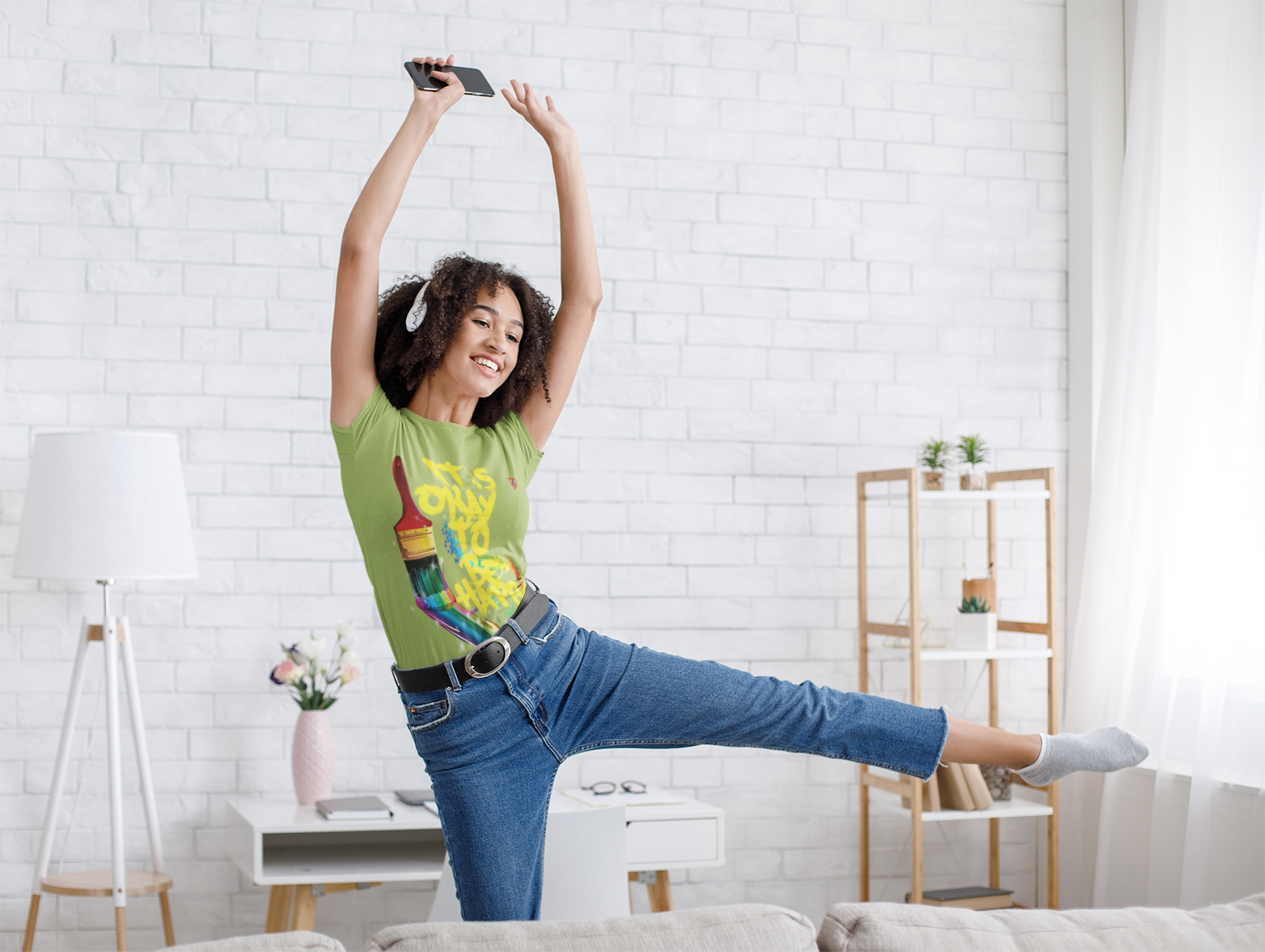 T‑Shirt — "It's Okay to Be Happy" Rainbow Paintbrush Art Tee product thumbnail image