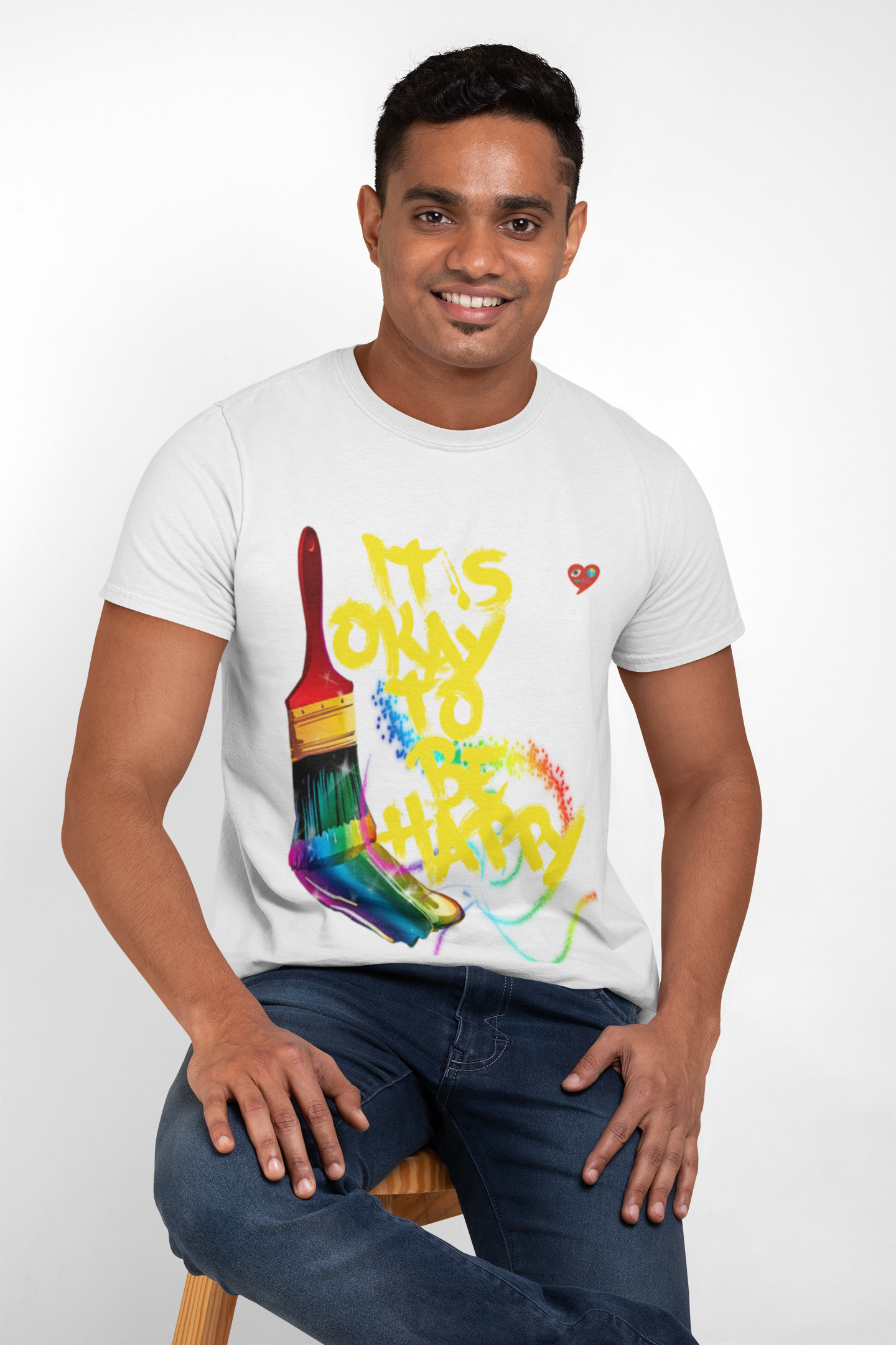T‑Shirt — "It's Okay to Be Happy" Rainbow Paintbrush Art Tee product thumbnail image