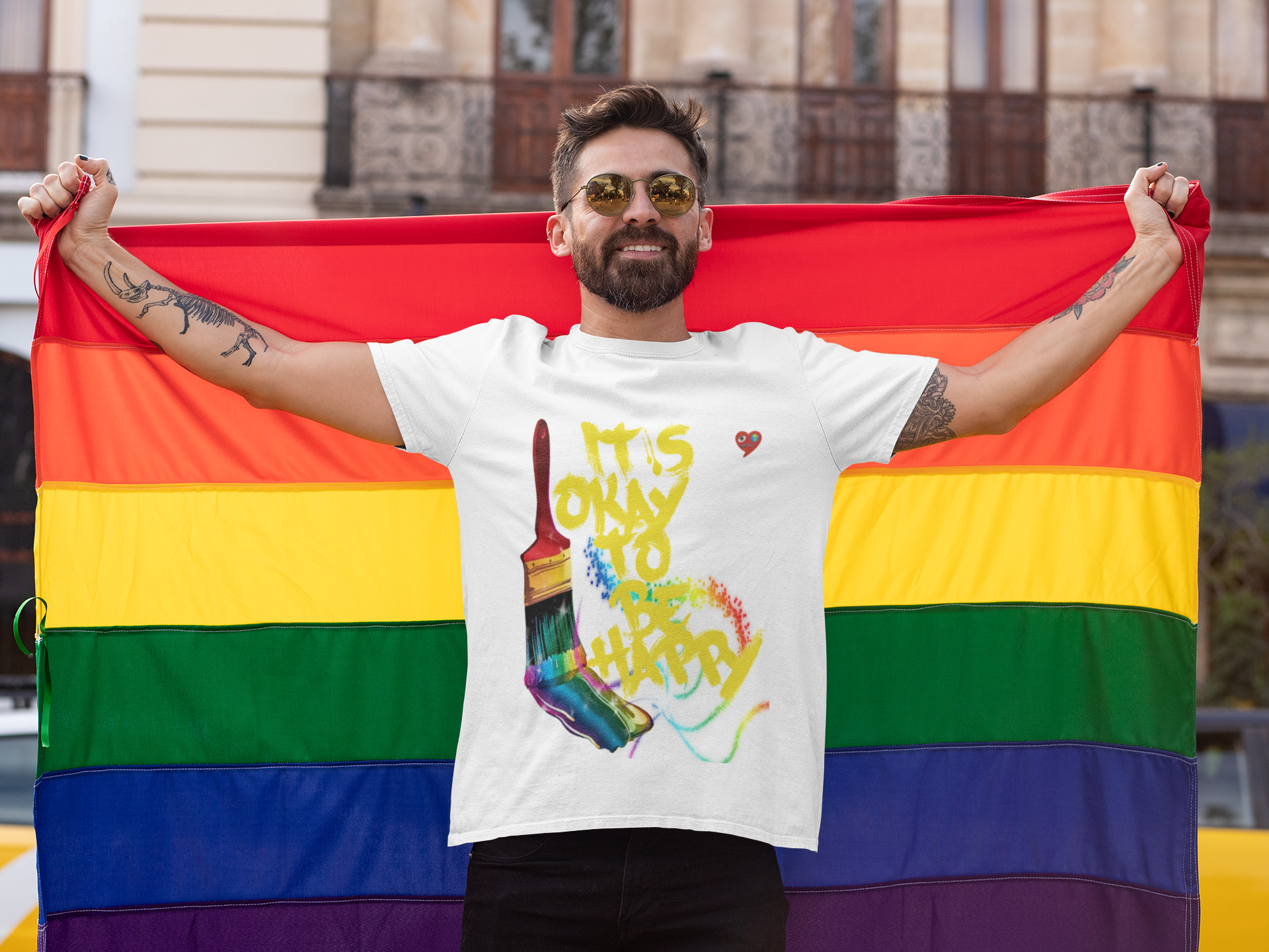 T‑Shirt — "It's Okay to Be Happy" Rainbow Paintbrush Art Tee product thumbnail image