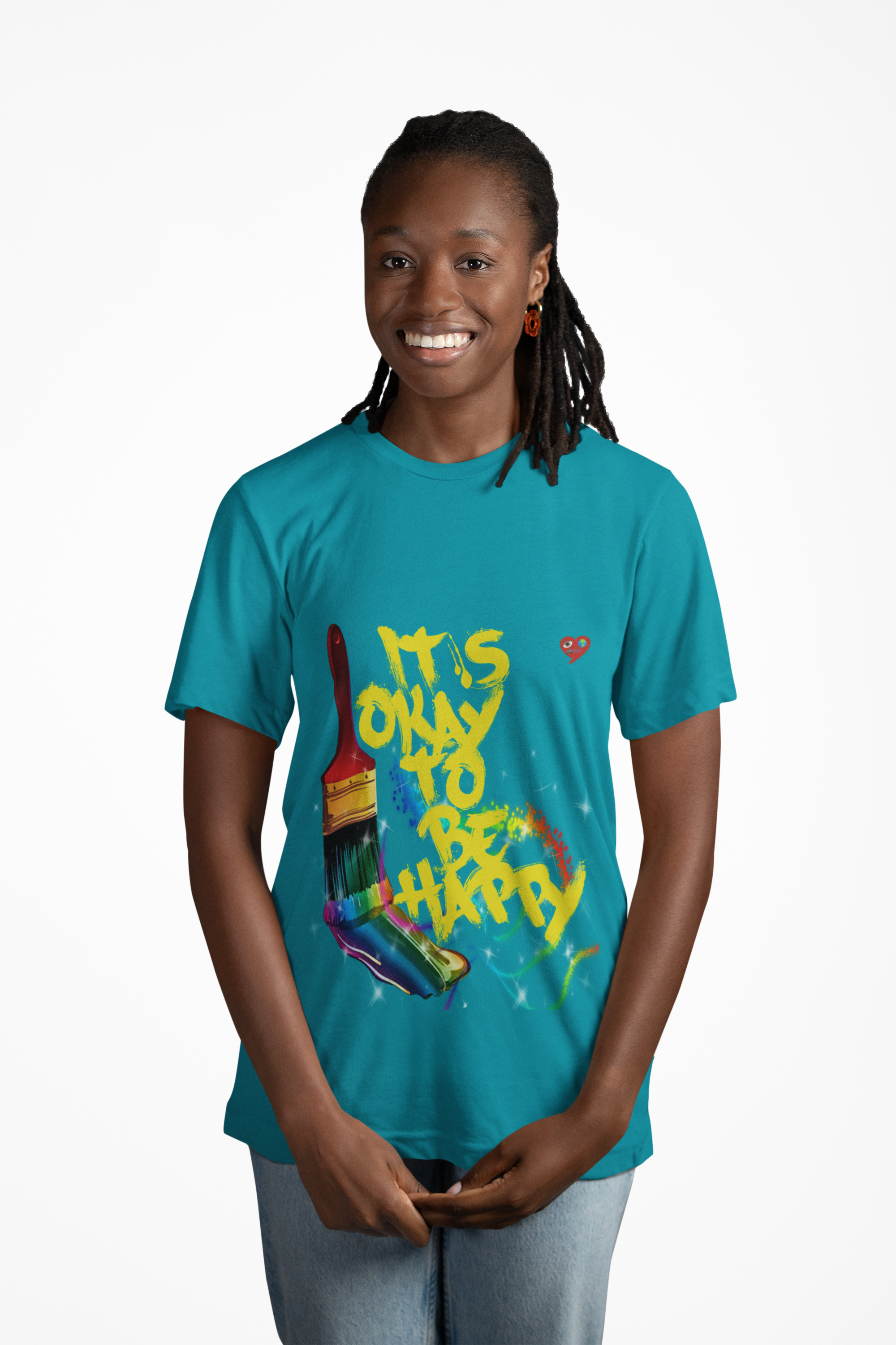 T‑Shirt — "It's Okay to Be Happy" Rainbow Paintbrush Art Tee product thumbnail image