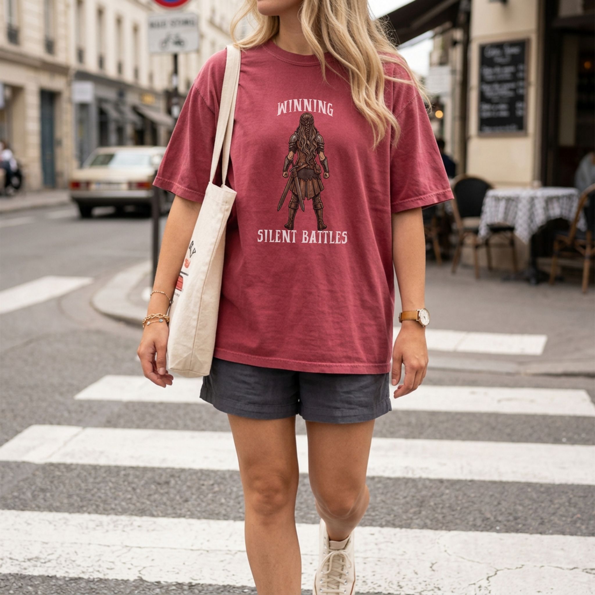 Winning Silent Battles Graphic Tee – Warrior Woman Shirt – Motivational Tee product thumbnail image
