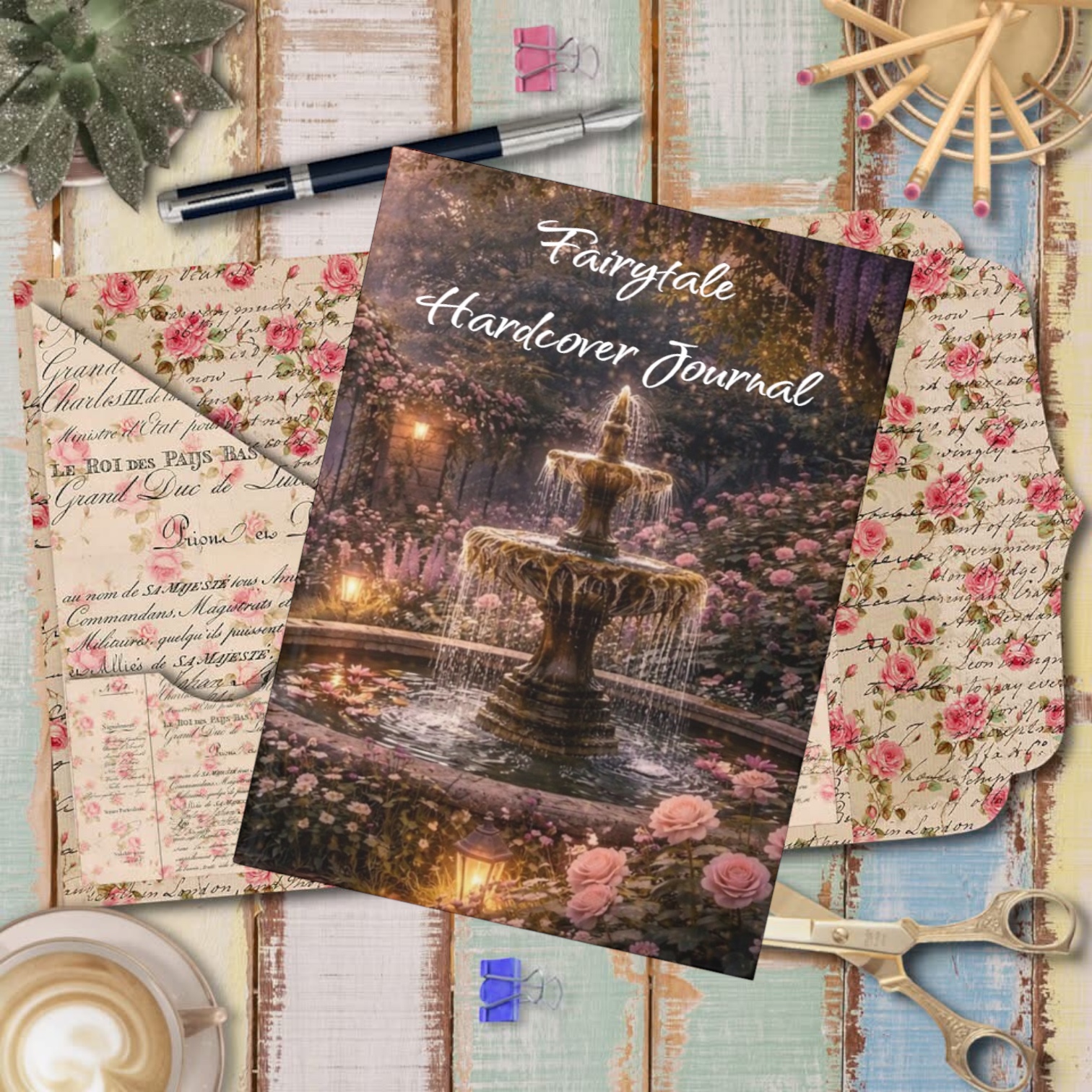 Fairy tale-Garden Fountain Hardcover Journal — Enchanted Evening Floral Notebook
