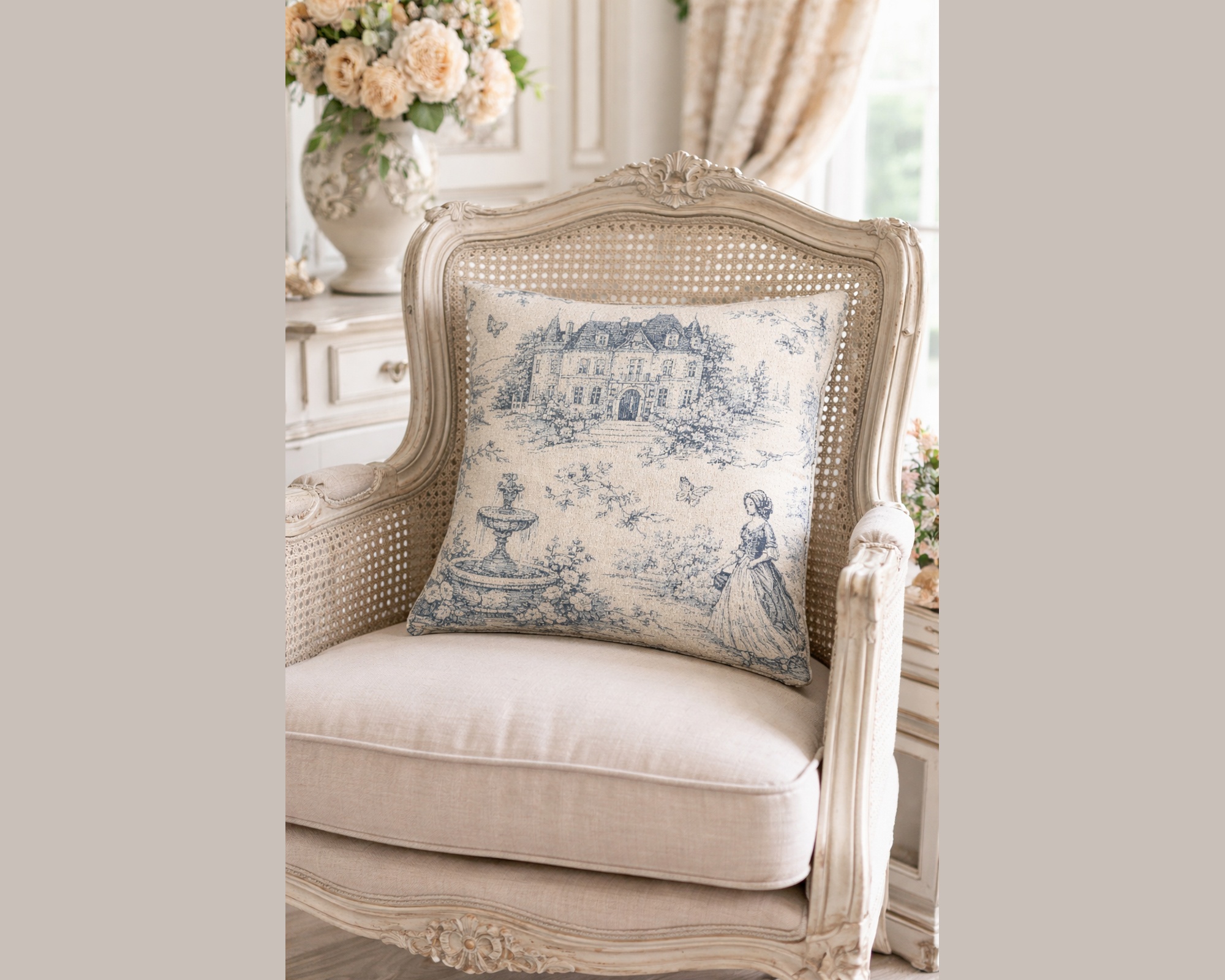 Blue Toile de Jouy  Woven Pillow, Vintage Chateau Estate Fountain, French Country  Lady Scenic Throw Pillow, Victorian Gift for Wedding Housewarming