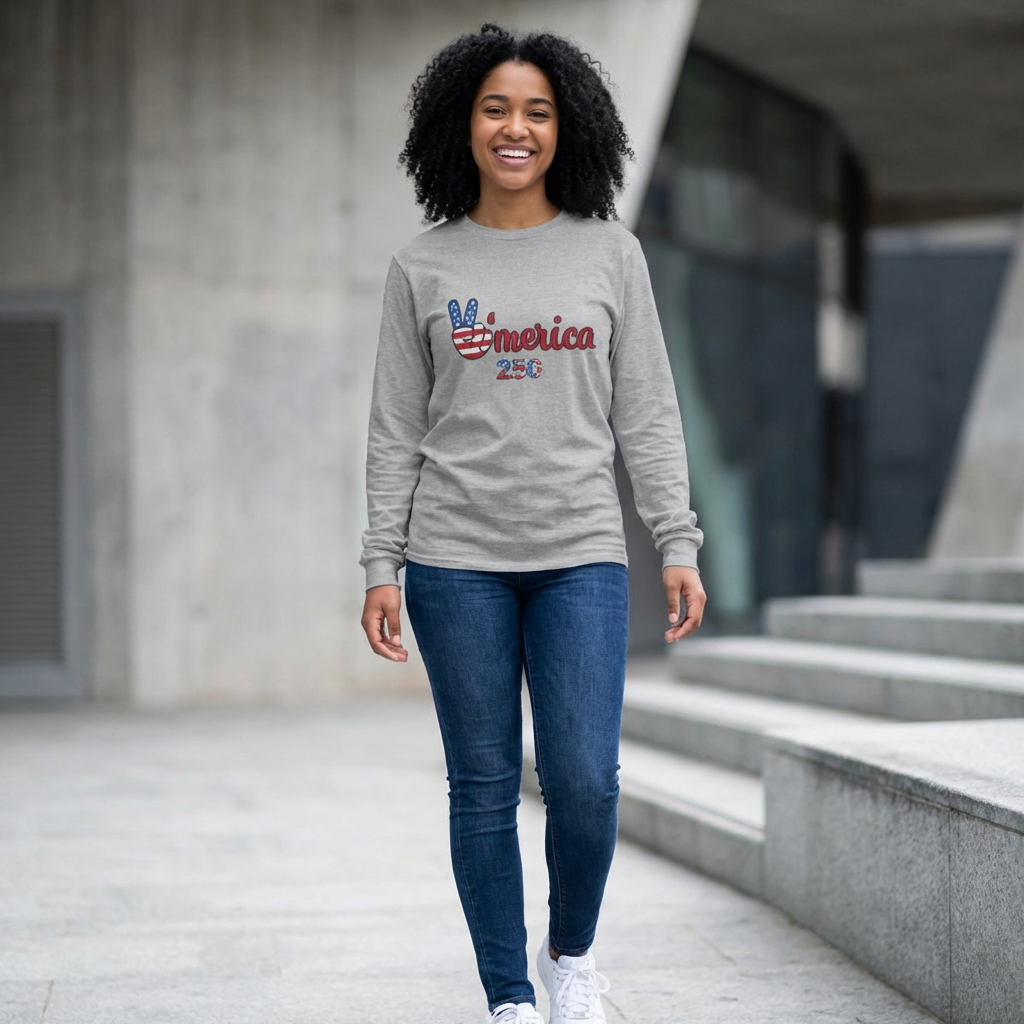 'Merica 250 Patriotic Long Sleeve Tee — American Flag Peace Sign Design product thumbnail image 'Merica 250 Patriotic Long Sleeve Tee — American Flag Peace Sign Design product thumbnail image