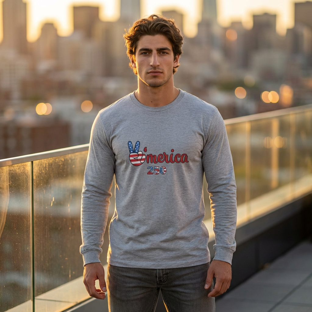 'Merica 250 Patriotic Long Sleeve Tee — American Flag Peace Sign Design product thumbnail image