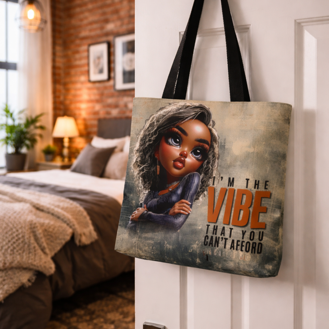 Tote Bag — "I’m the Vibe That You Can’t Afford" Afrocentric Character Tote product thumbnail image Tote Bag — "I’m the Vibe That You Can’t Afford" Afrocentric Character Tote product thumbnail image