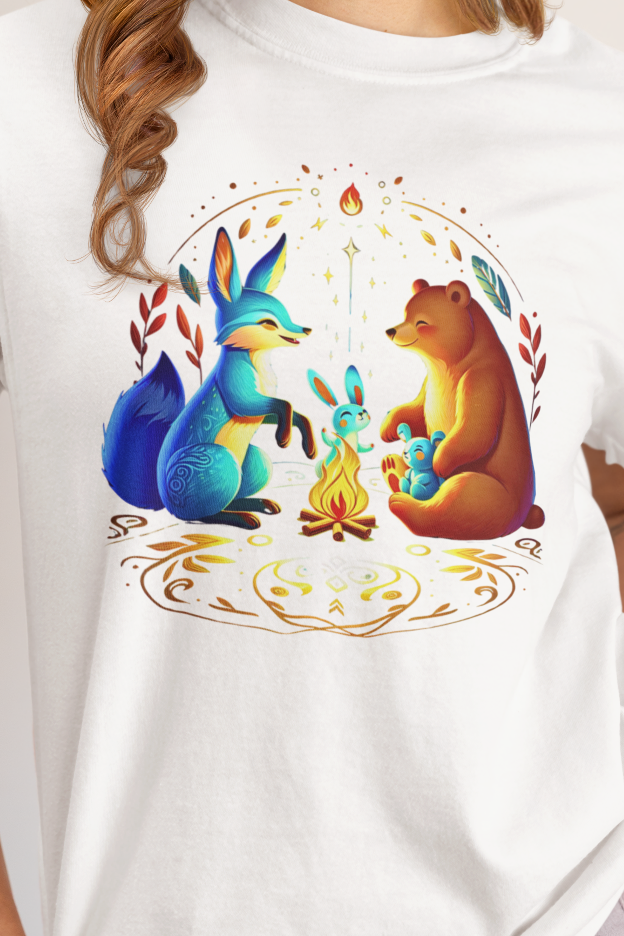 Woodland Friends Campfire Gildan Unisex Adult T-Shirt | Fox Rabbits &amp; Bear Cozy Inclusion Camping Night Illustration | Neurodiversity Acceptance and Empowerment Graphic Tee product thumbnail image