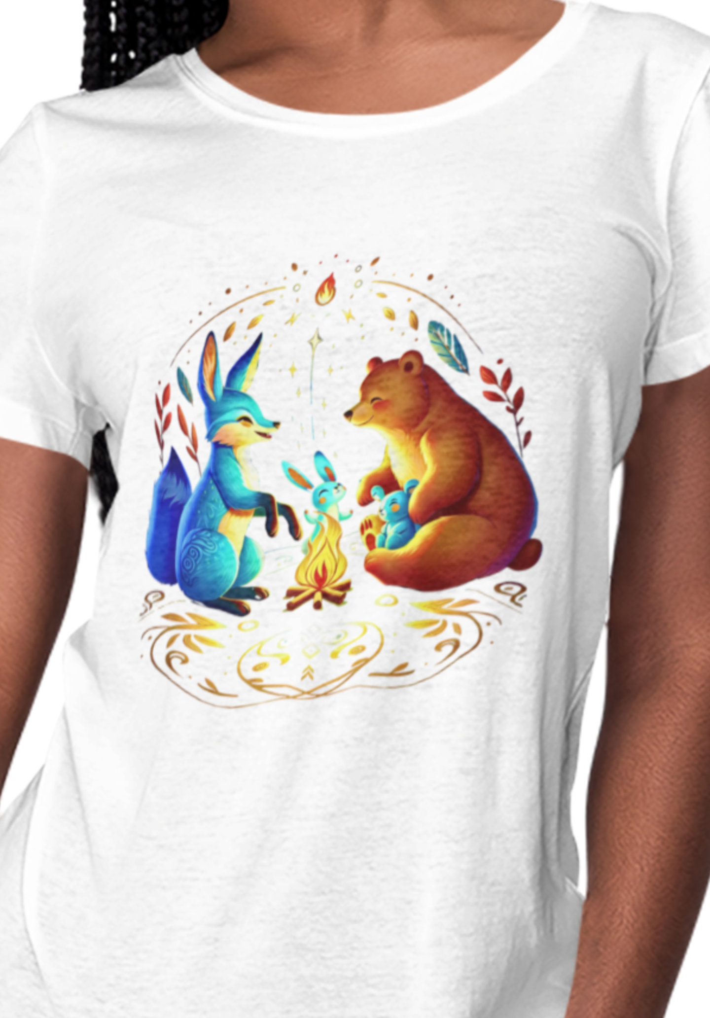 Woodland Friends Campfire Gildan Unisex Kids T-Shirt | Fox Rabbits &amp; Bear Cozy Inclusion Camping Night Illustration | Neurodiversity Acceptance and Empowerment Graphic Tee