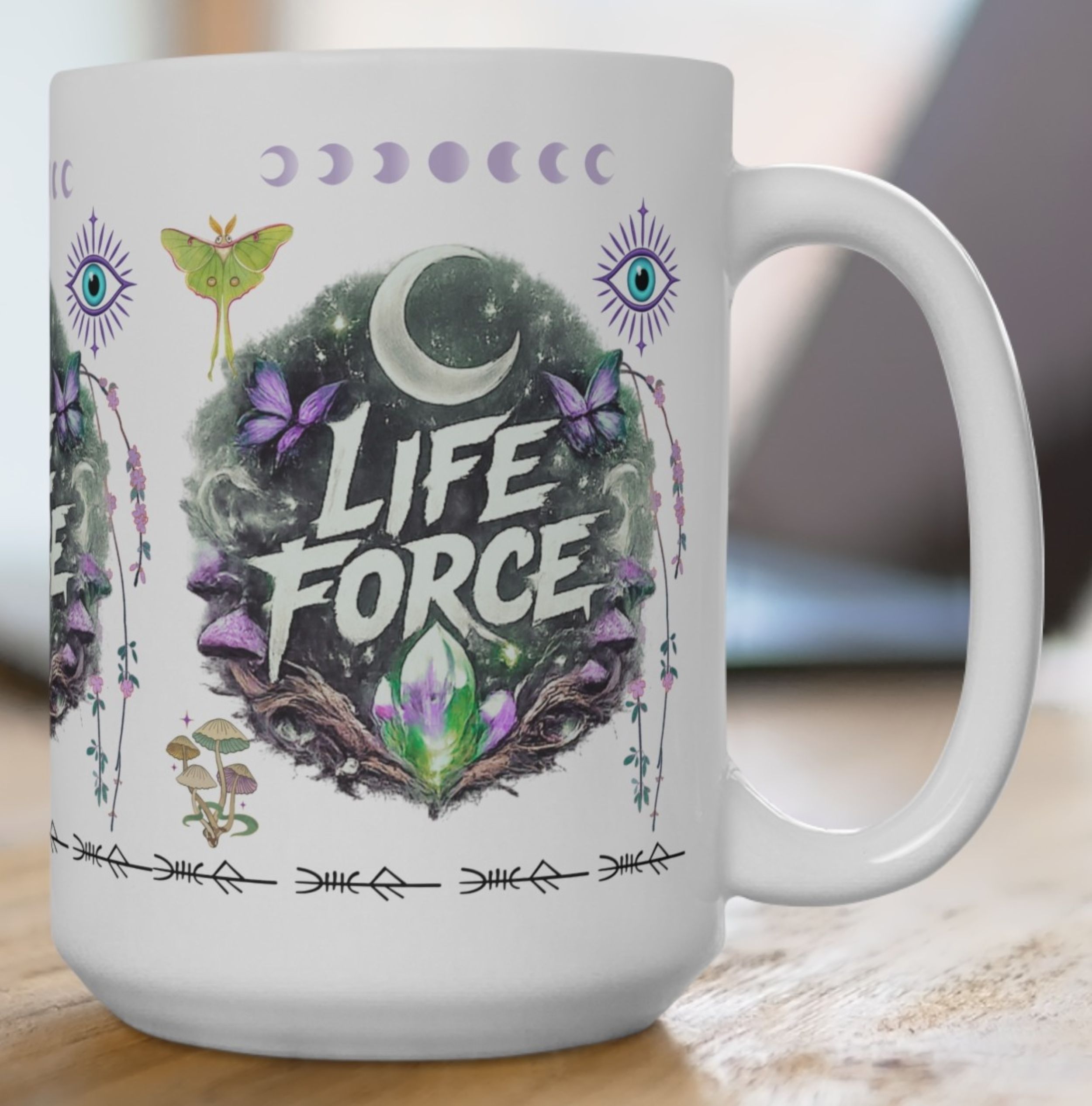 Life Force 15oz Ceramic Mug — Moon Phases, Crystal &amp; Botanical Mystic Design by CarmaQuanTarot