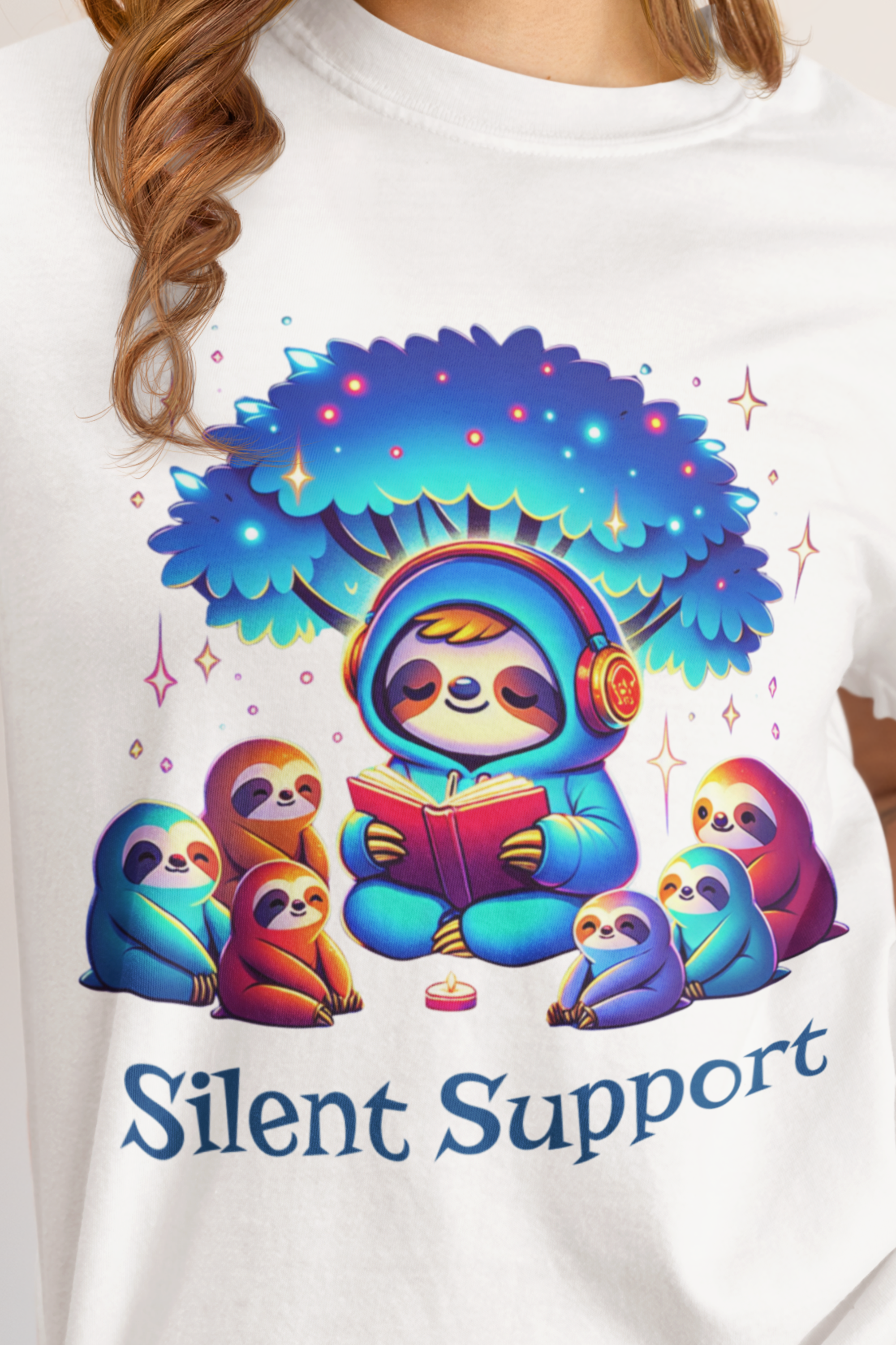 Sloths Friendship Reading Gildan Adult Unisex Tee | Cute Sloths in Silent Support | Autism Awareness Neurodiversity Acceptance and Empowerment Bookish Graphic T-Shirt