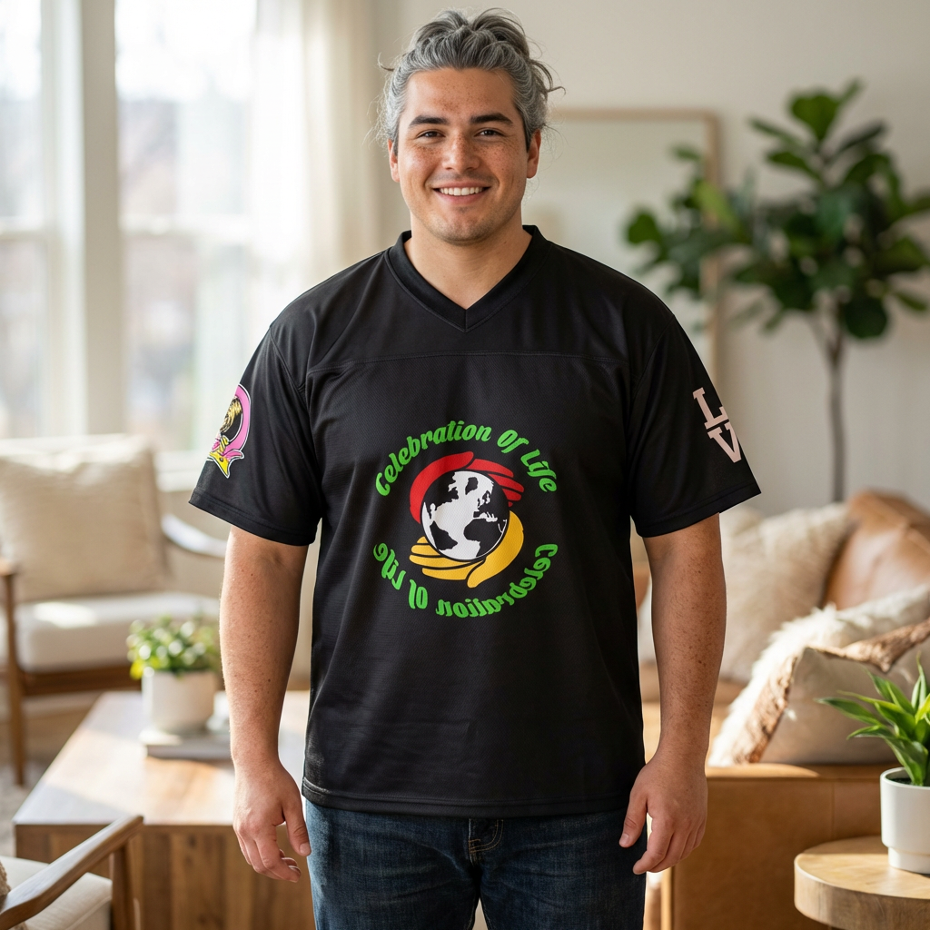 Earth Celebration Football Jersey — 'Celebration of Life' Graphic Sports Tee product thumbnail image Earth Celebration Football Jersey — 'Celebration of Life' Graphic Sports Tee product thumbnail image