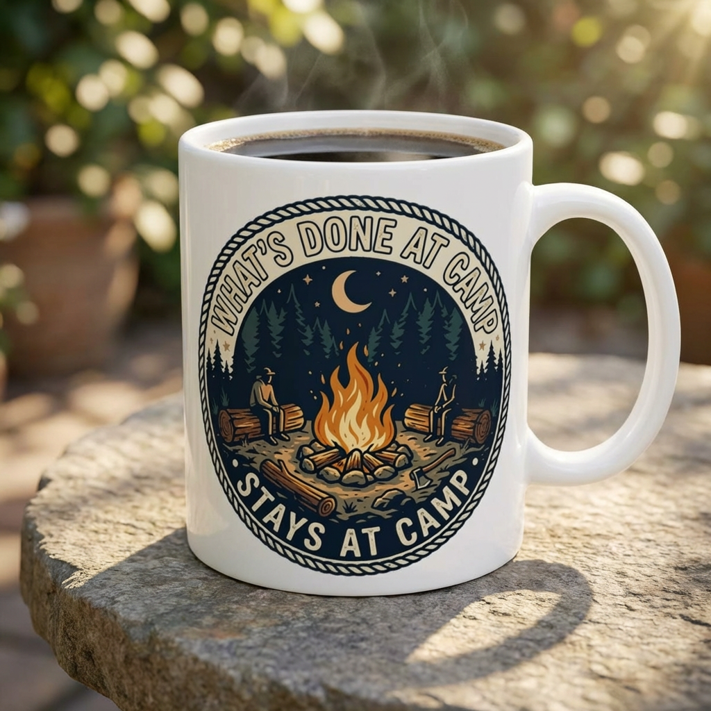 Campfire Mug — "What’s Done at Camp Stays at Camp" Ceramic Coffee Cup