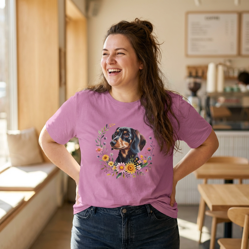 Dachshund Floral Portrait T-Shirt - Cute Sausage Dog Tee for Dog Lovers
