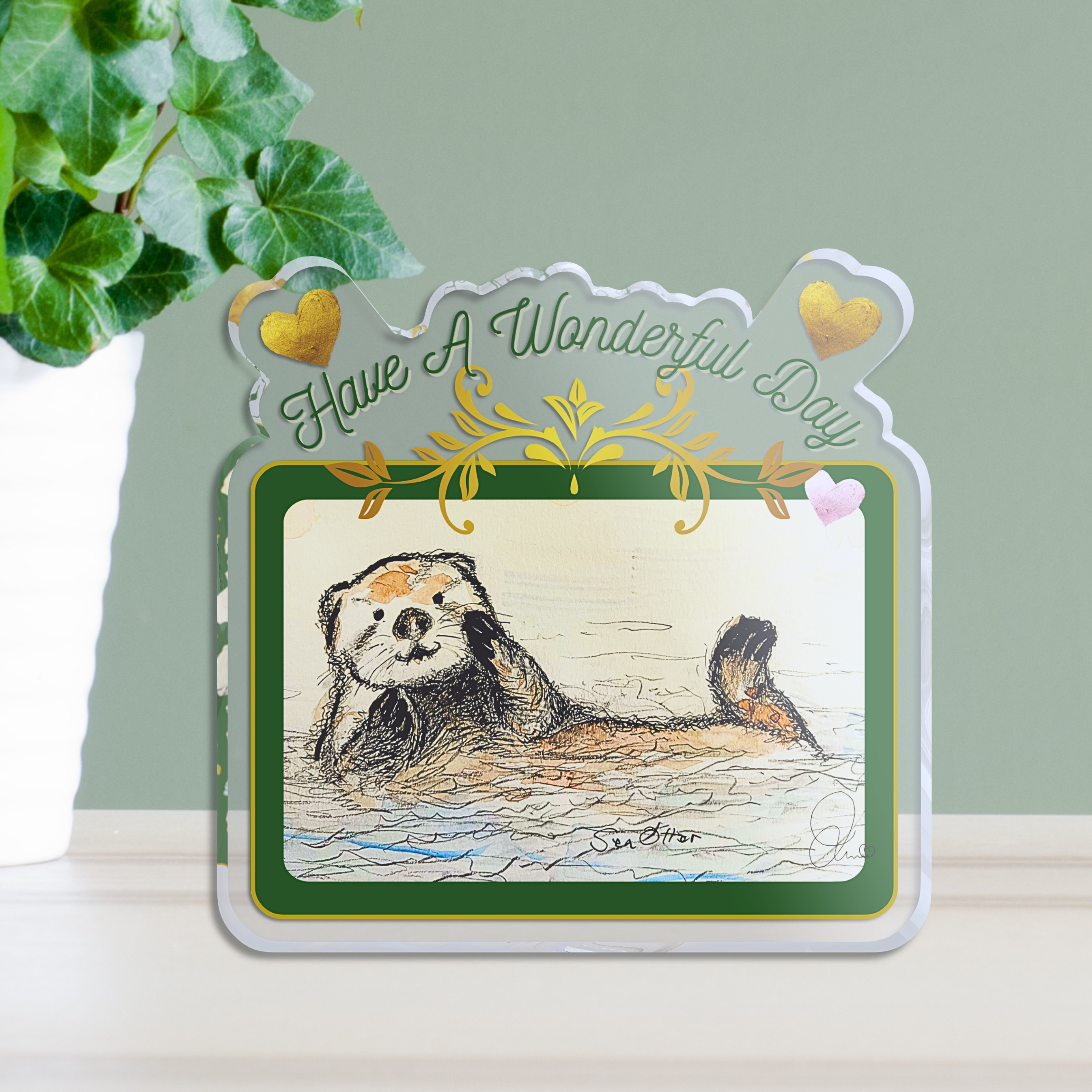 Sea Otter 5"x5" Custom Cut Statue- Original Cute Animal Art with Green Tone Comfortable Vibe Decor
