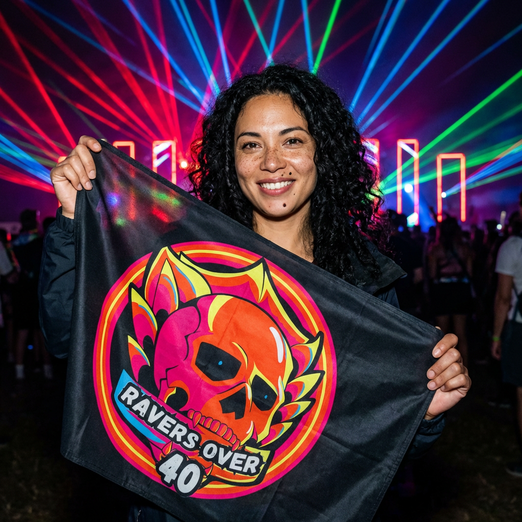 Ravers Over 40 Flag — Neon Skull Dance Party Banner product thumbnail image