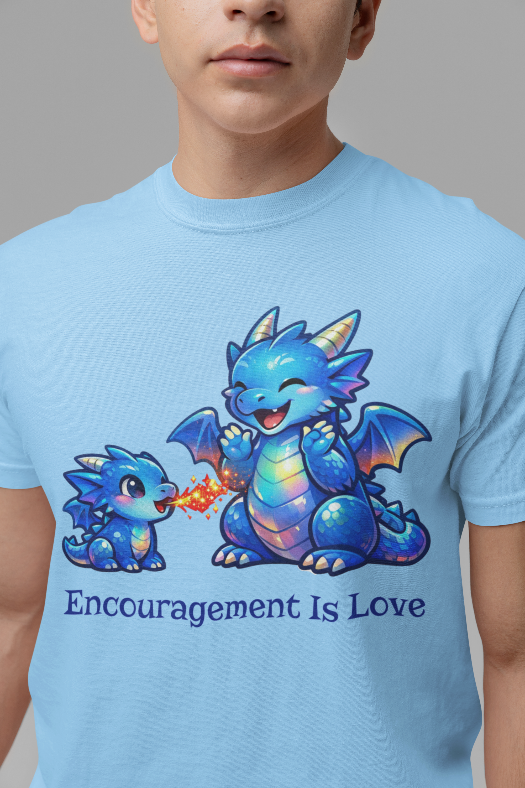 Encouragement Is Love Dragon Gildan Softstyle Unisex Adult T-Shirt | Cute Blue Parent &amp; Baby Dragon | Neurodiversity Acceptance and Empowerment Graphic Tee