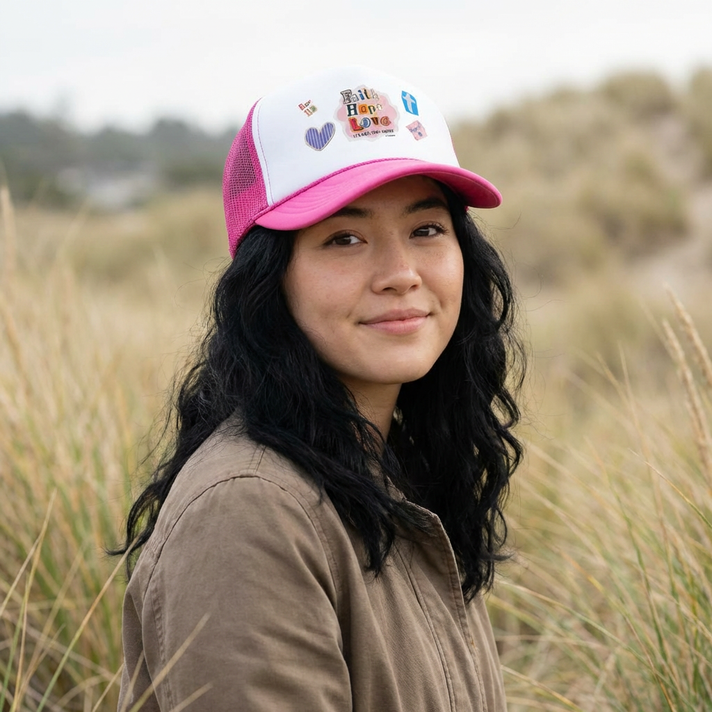 Faith Hope Love Trucker Hat — Inspirational Christian Mesh Cap product thumbnail image Faith Hope Love Trucker Hat — Inspirational Christian Mesh Cap product thumbnail image