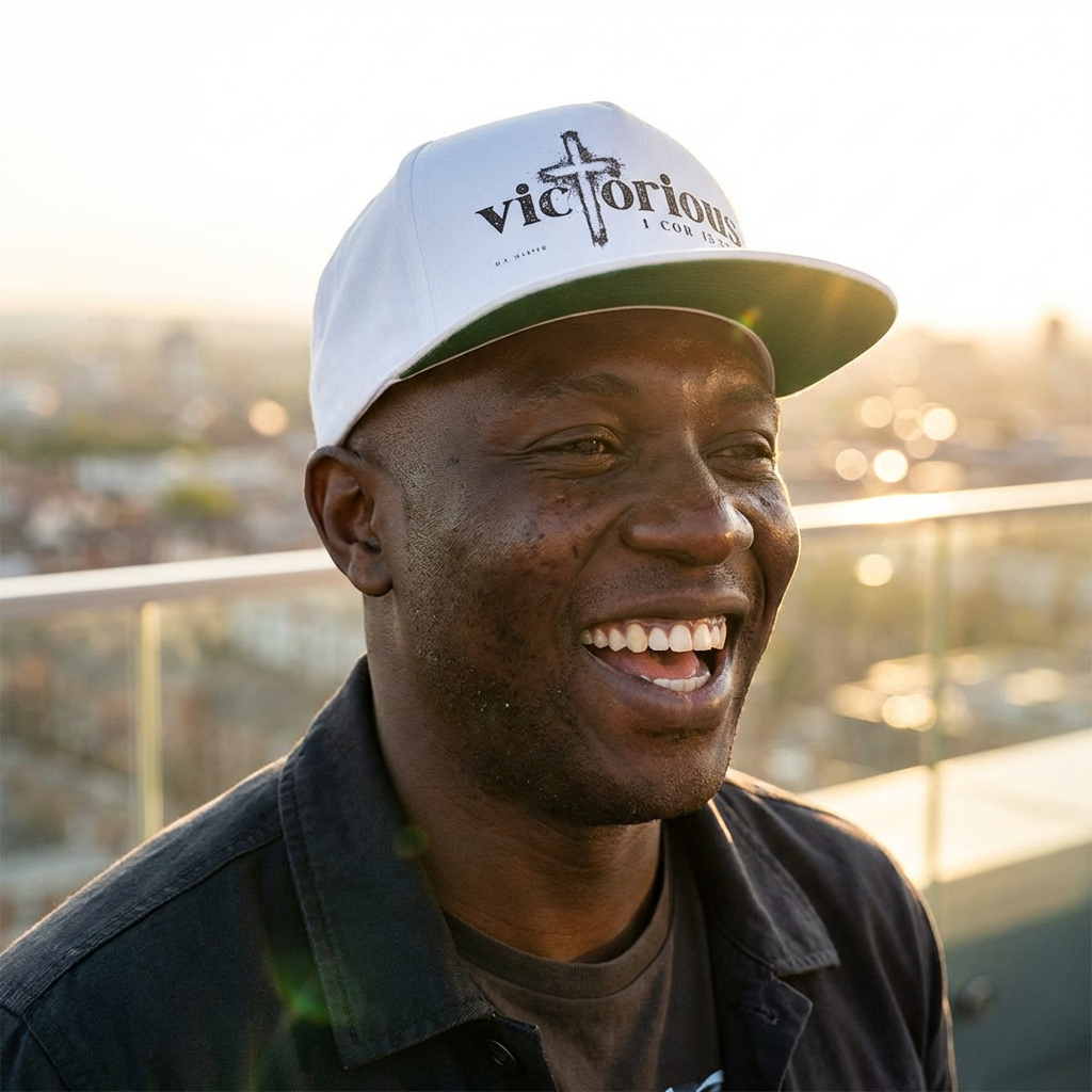 Victorious Cross Flat Bill Cap — Embroidered Christian Snapback (1 Cor 15:57) product thumbnail image