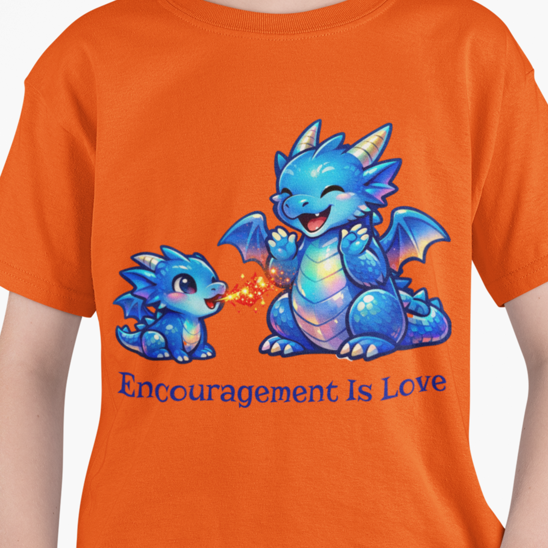 Encouragement Is Love Dragon Gildan Kids Unisex Tee | Cute Blue Parent &amp; Baby Dragon | Neurodiversity Acceptance and Empowerment Graphic Tee