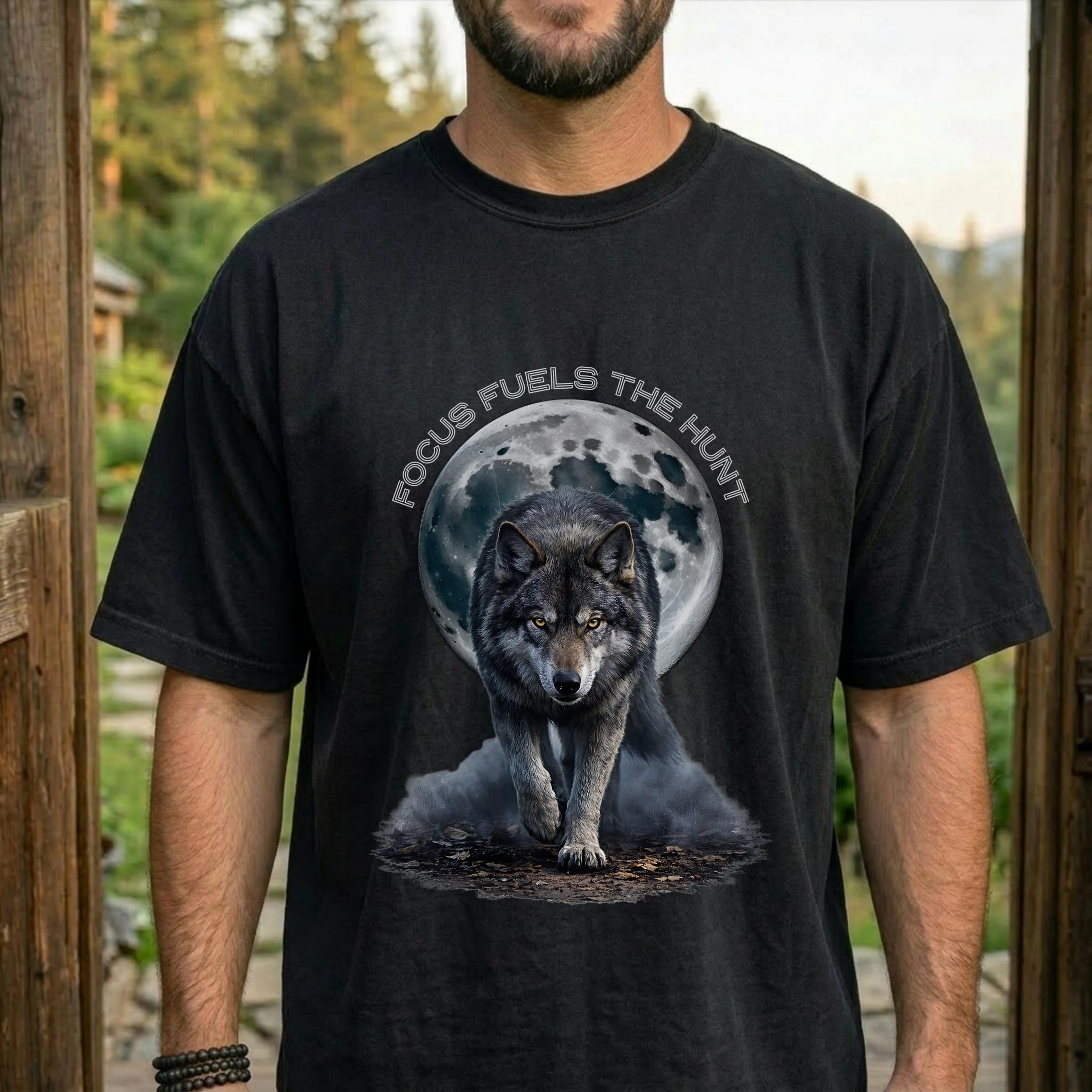 Focus Fuels The Hunt | Full Moon + Wolf Shirt - Motivational Graphic Tee (Comfort Colors 1717) product thumbnail image Focus Fuels The Hunt | Full Moon + Wolf Shirt - Motivational Graphic Tee (Comfort Colors 1717) product thumbnail image