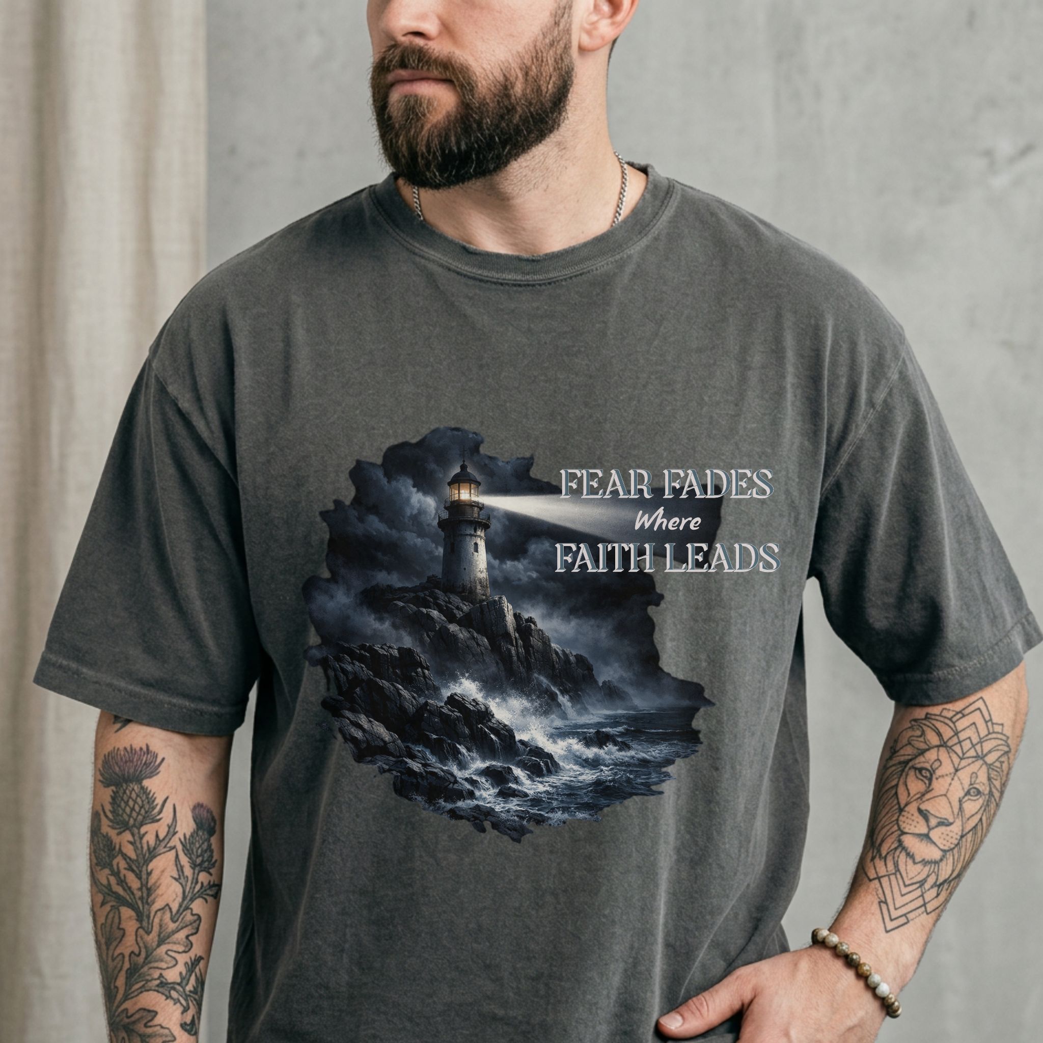Fear Fades Where Faith Leads | Lighthouse + Storm Shirt – Christian Graphic Tee (Comfort Colors 1717)