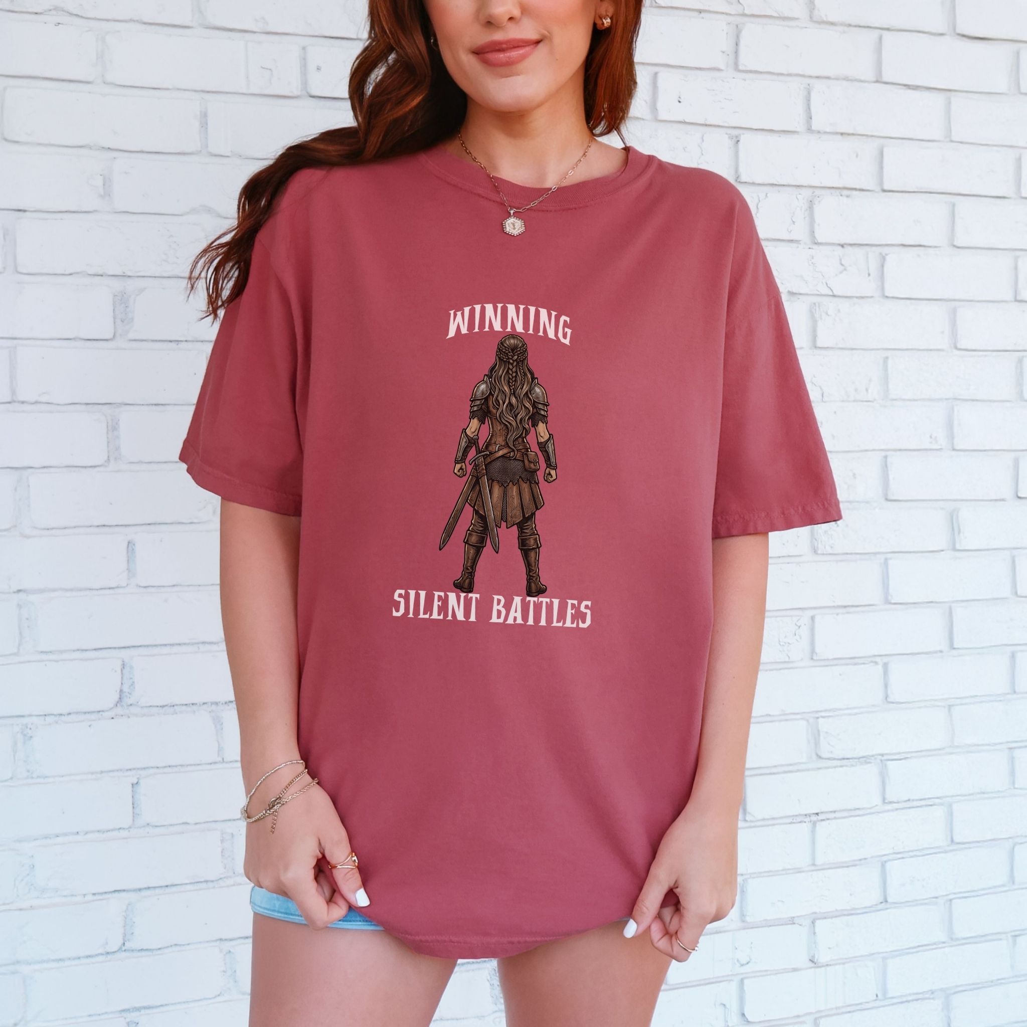 Winning Silent Battles Graphic Tee – Warrior Woman Shirt – Motivational Tee
