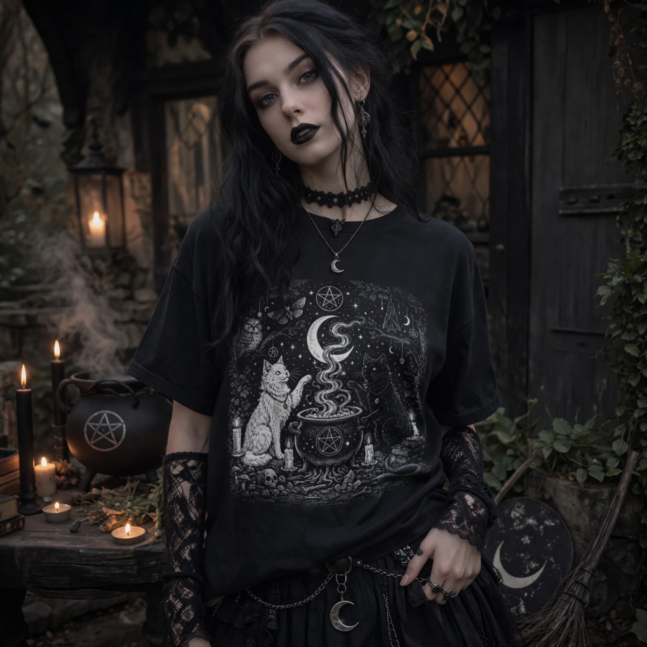 Witchy Cauldron Cat T-Shirt — Moon Magic Potion Graphic Tee